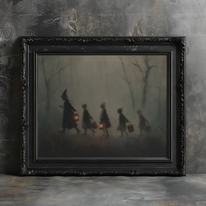 Framed artwork of silhouettes walking in a misty forest on a textured gray wall.