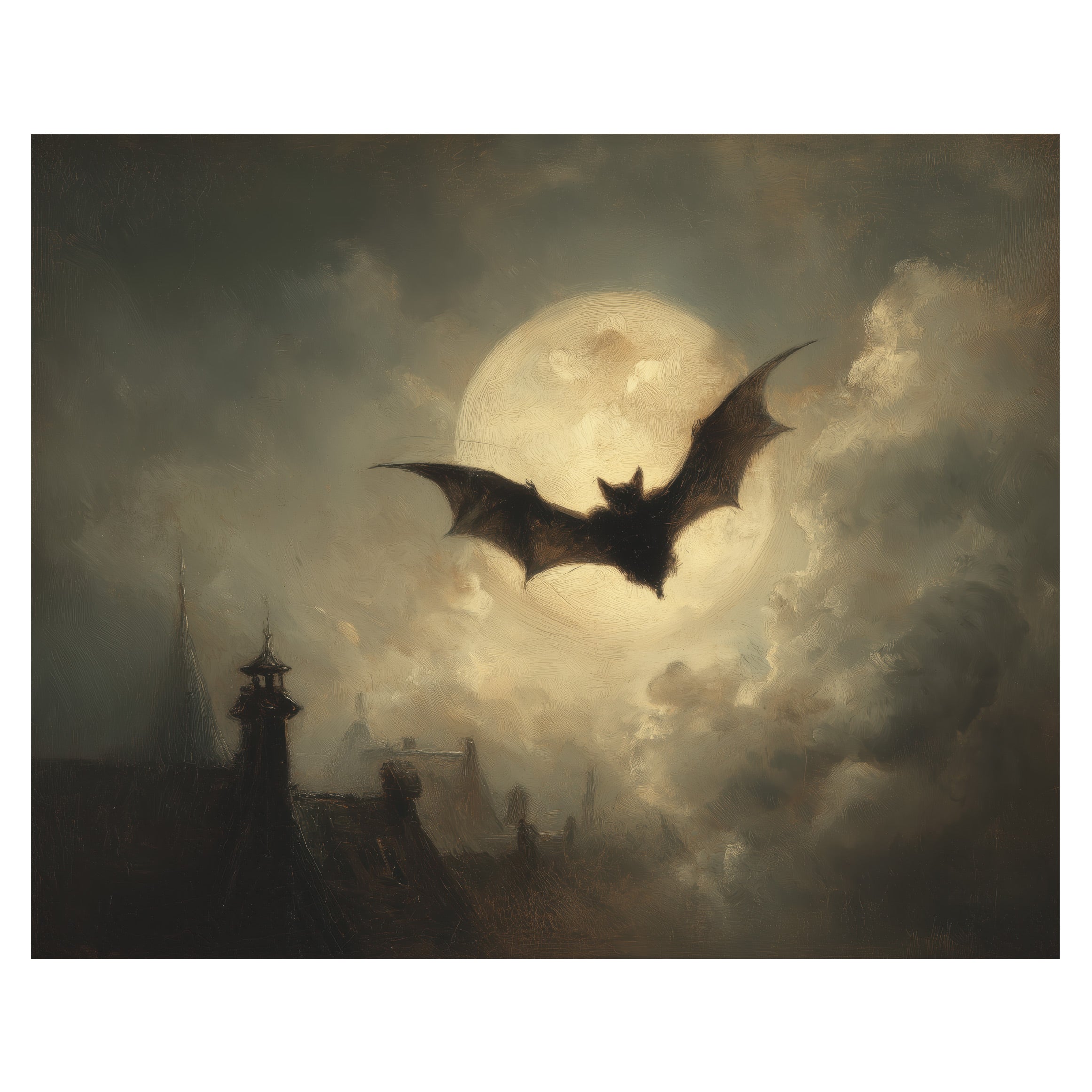 Bat in Moonlight Over Rooftops