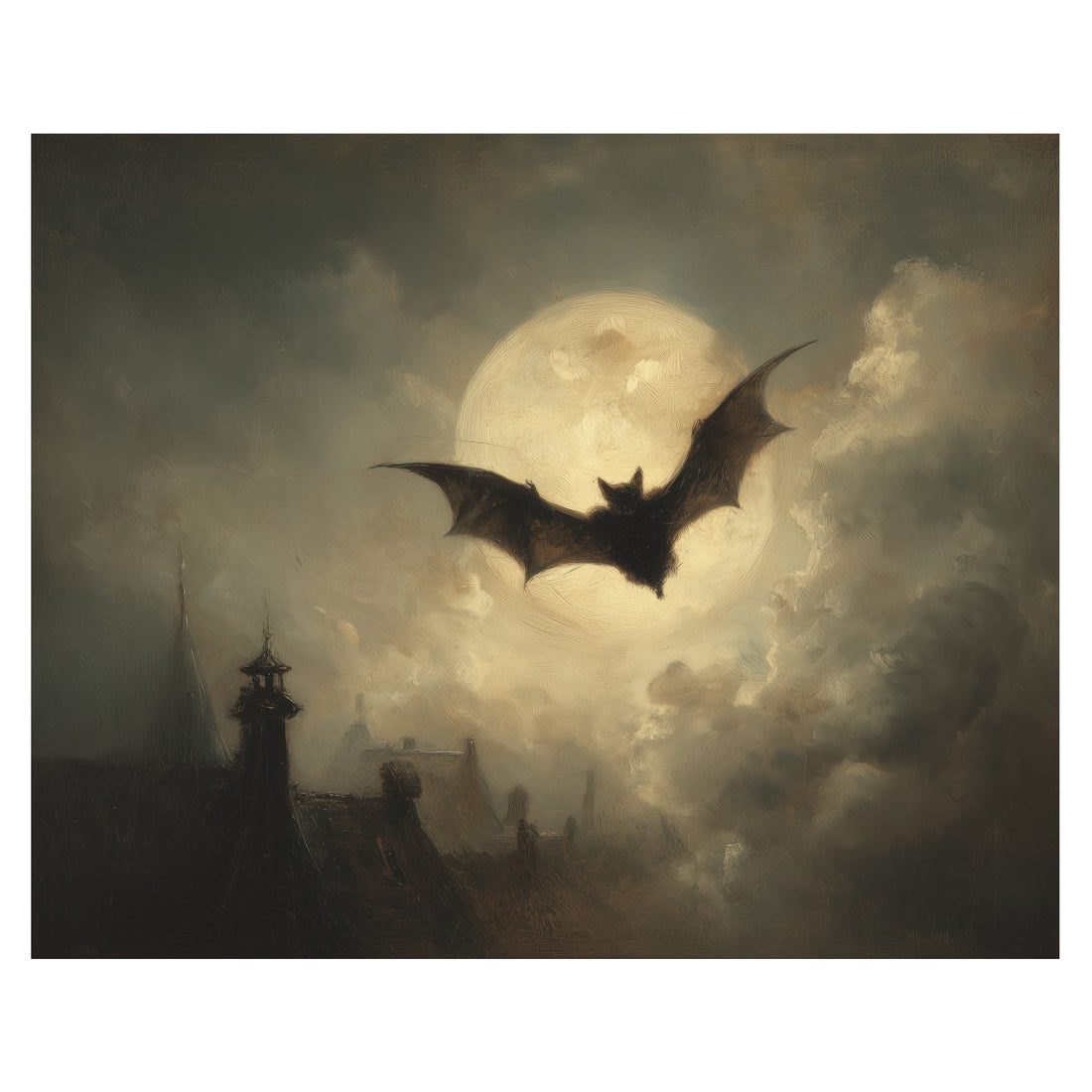 Bat in Moonlight Over Rooftops