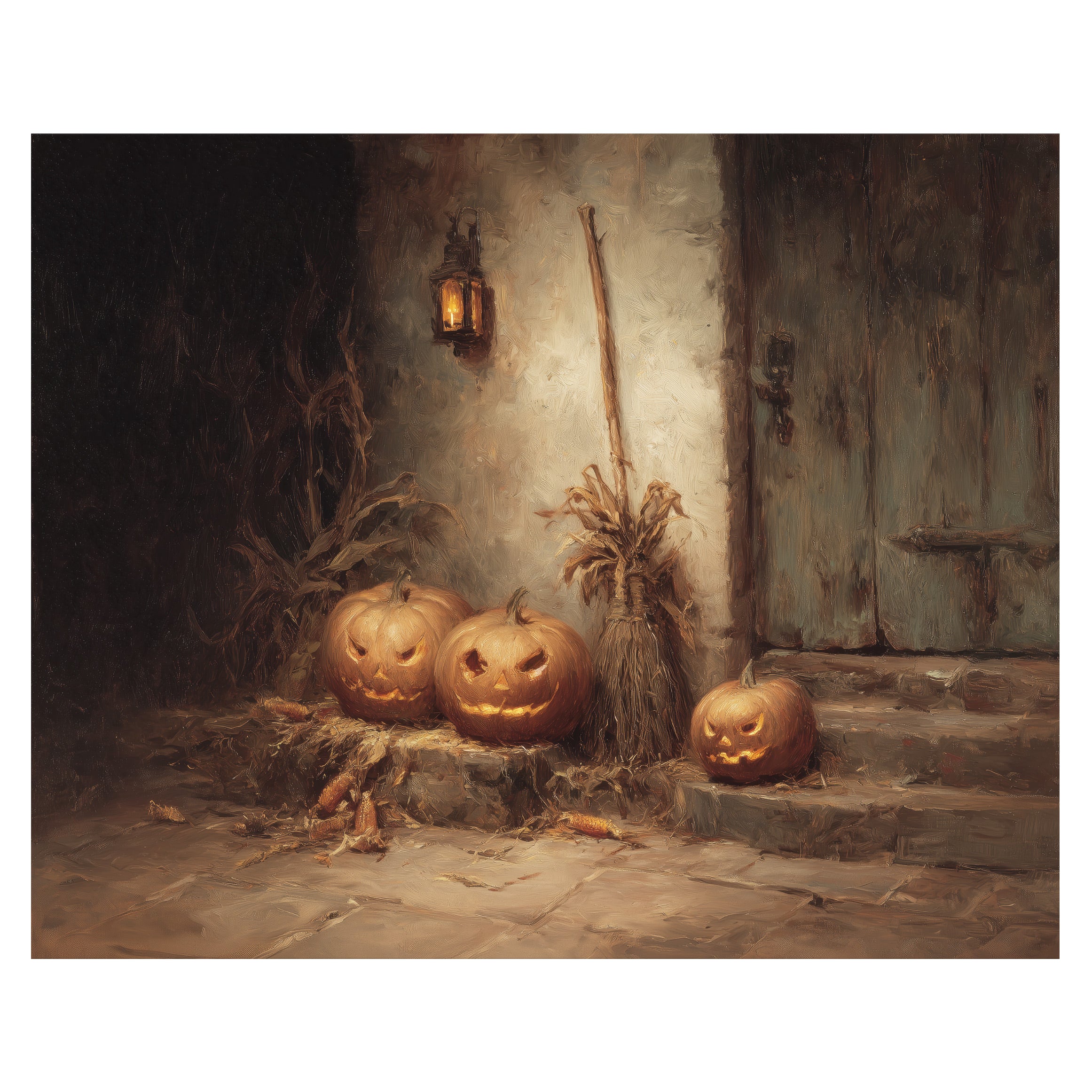 Pumpkins by the Door at Night