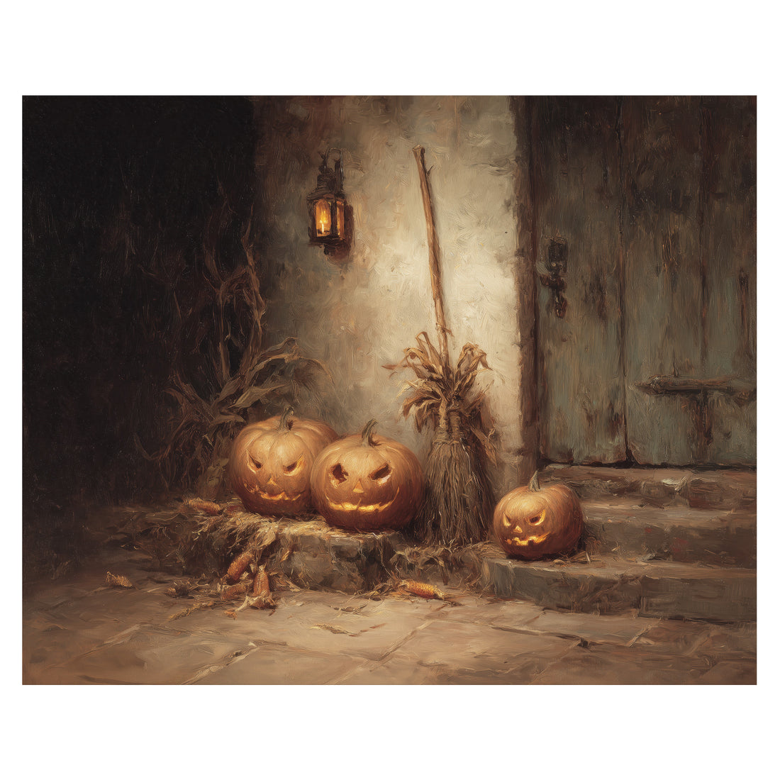 Pumpkins by the Door at Night