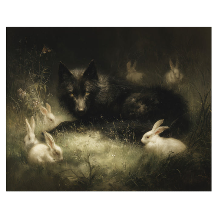 Wolf And Rabbits Under Moonlight