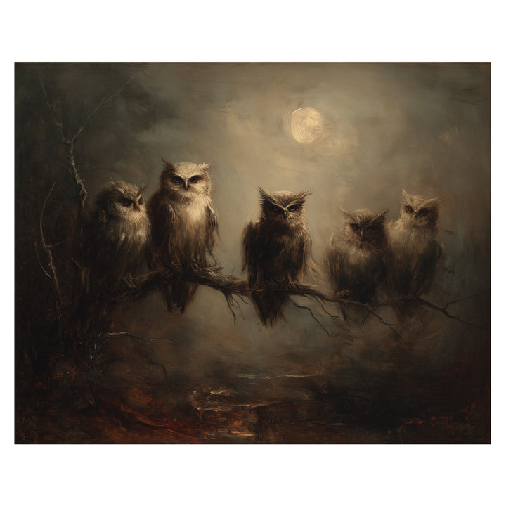 Owls on Branch in Moonlight
