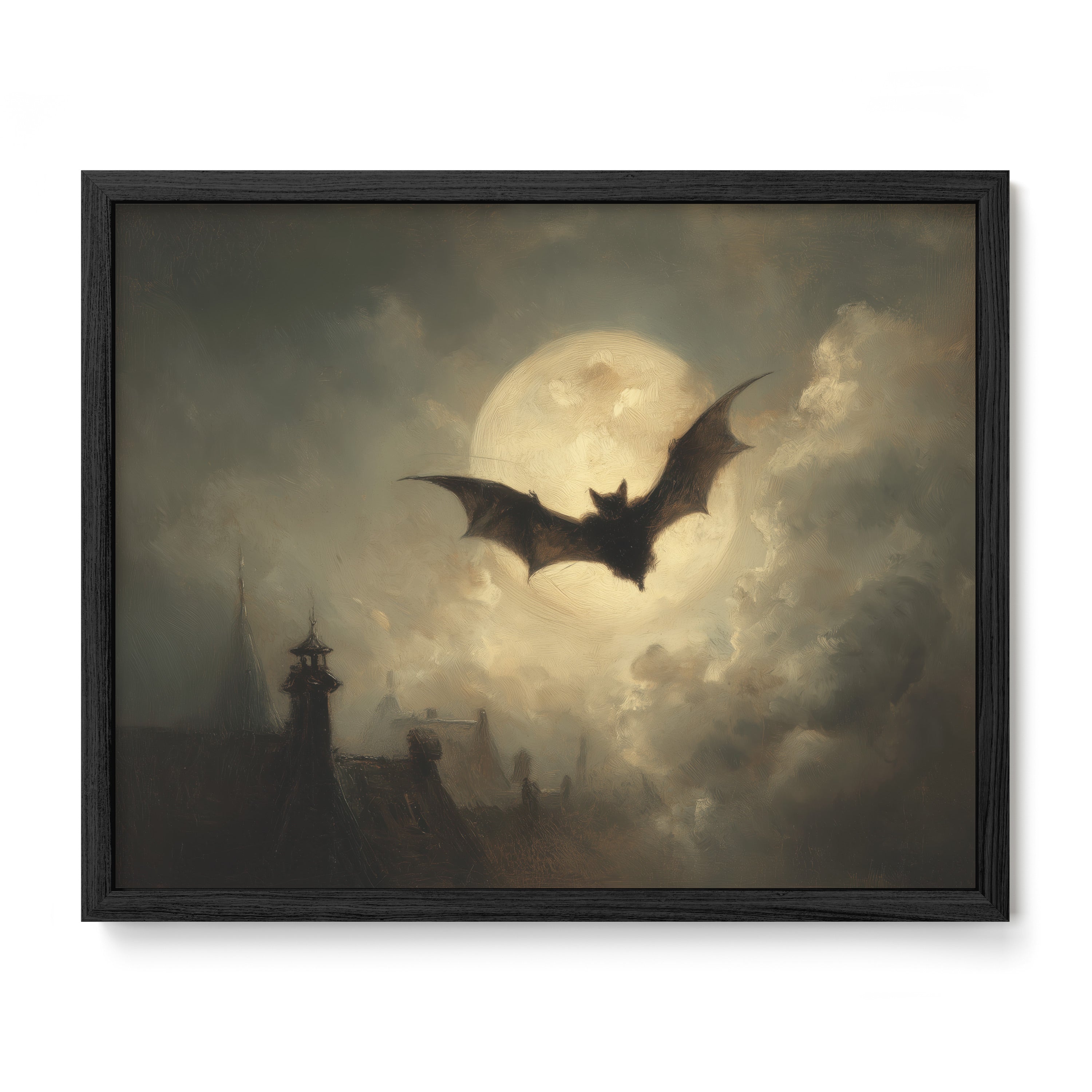 Bat in Moonlight Over Rooftops