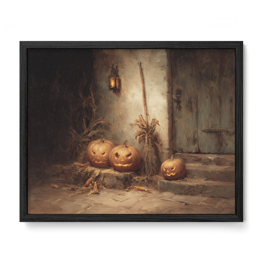 Pumpkins by the Door at Night