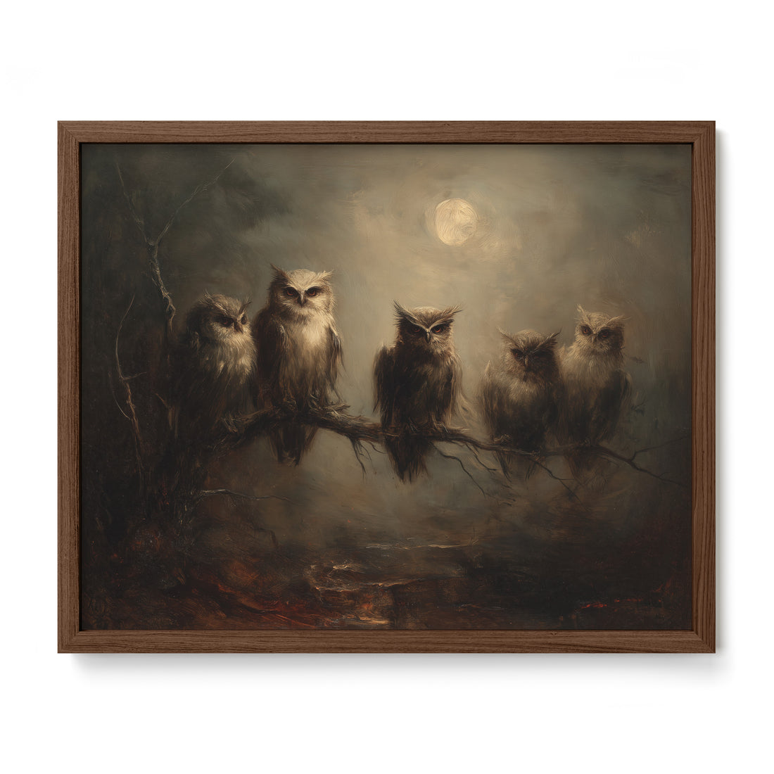 Owls on Branch in Moonlight