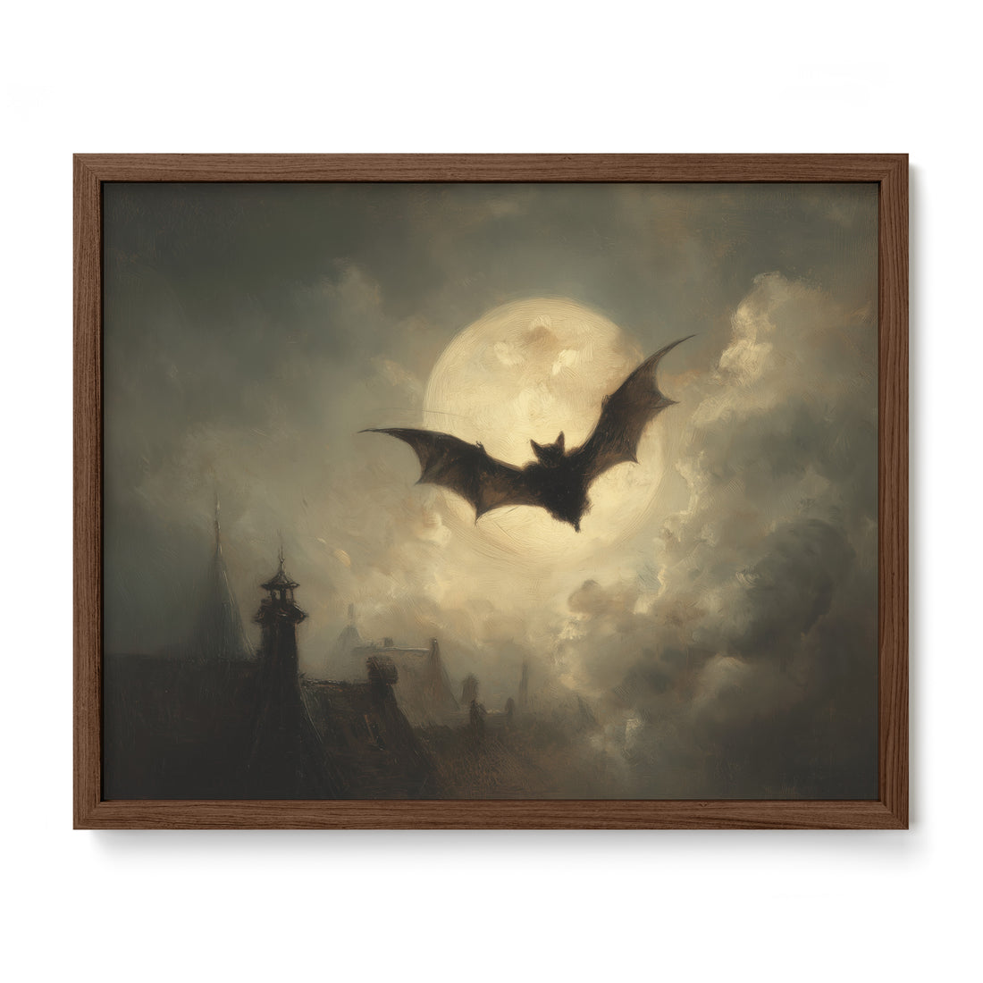 Bat in Moonlight Over Rooftops