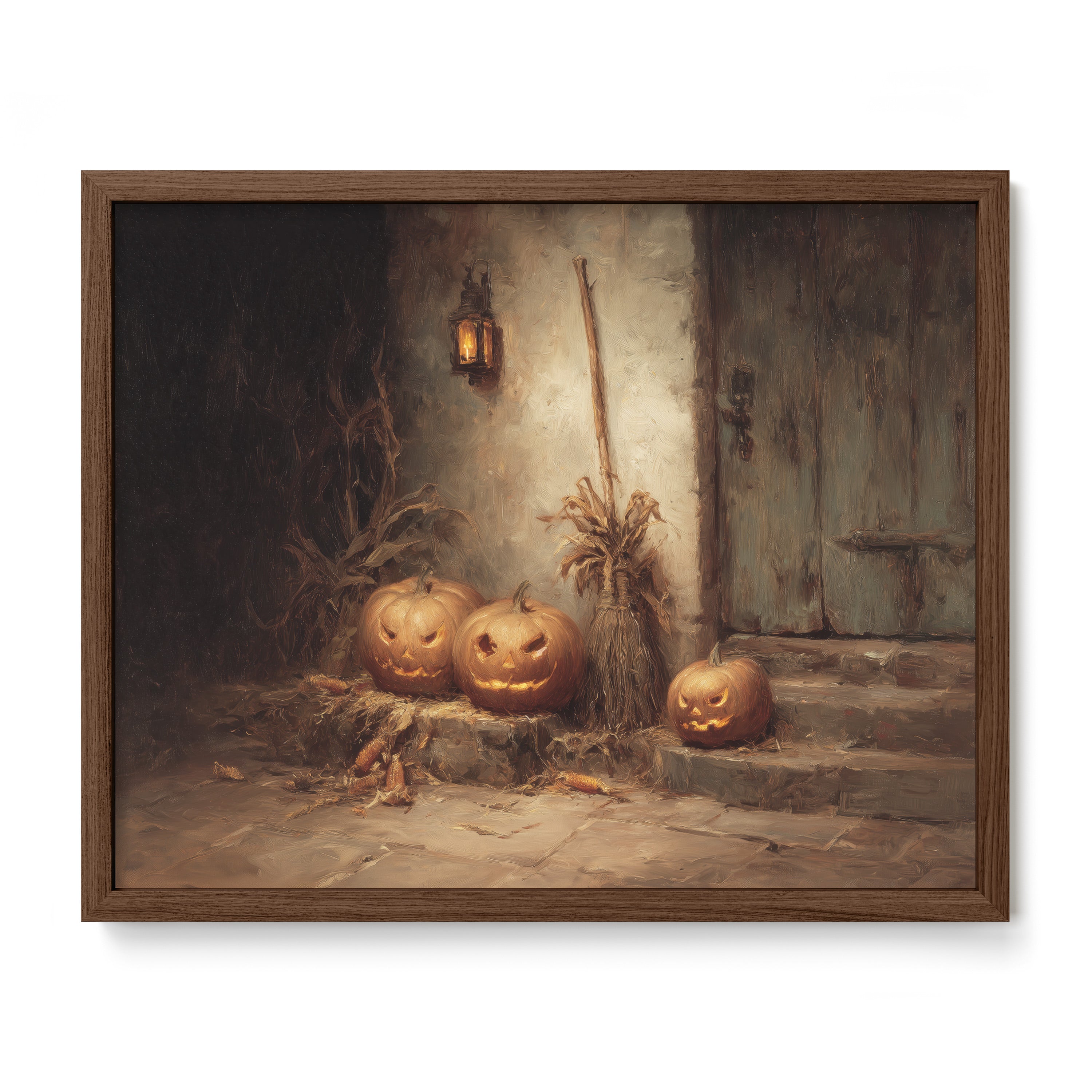 Pumpkins by the Door at Night