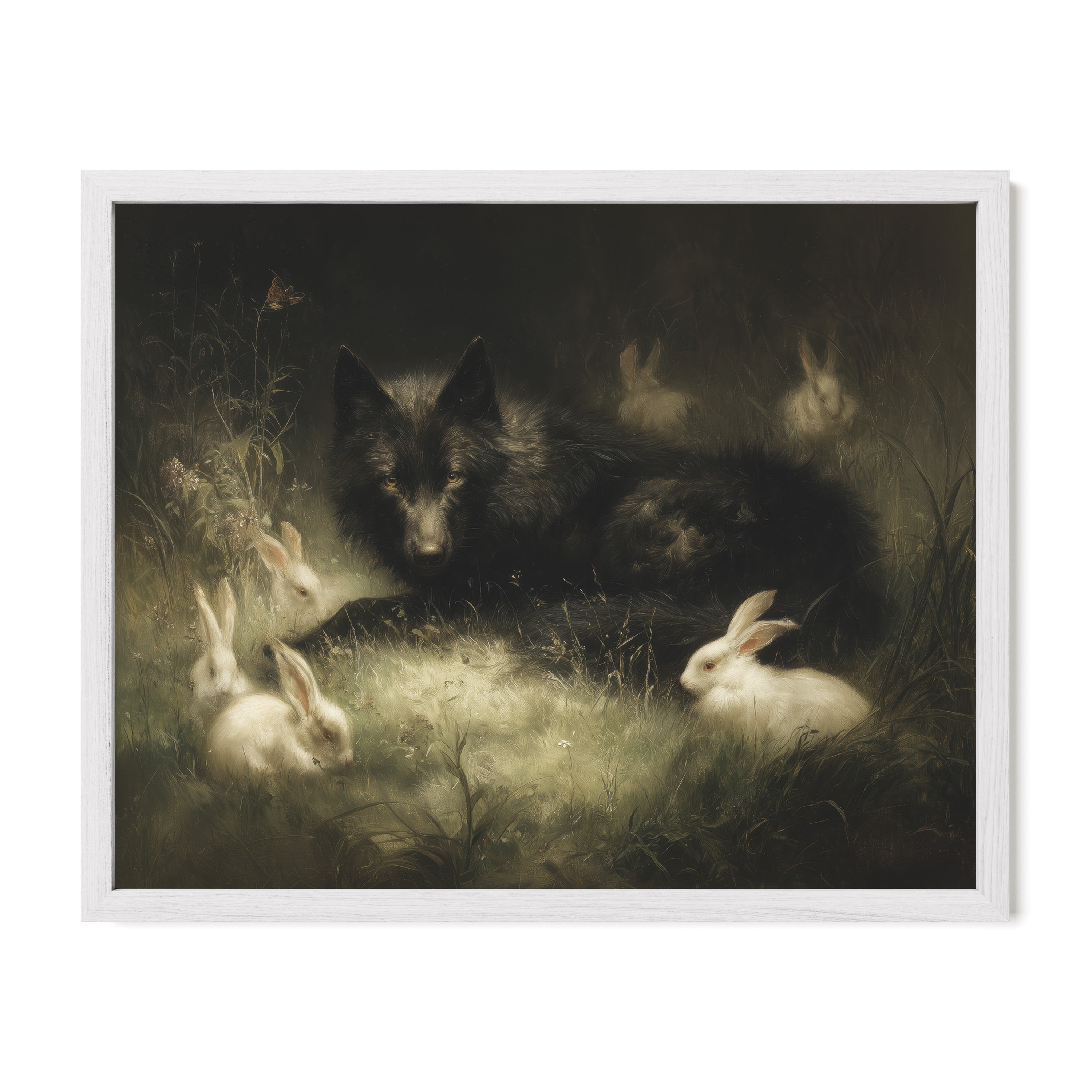 Wolf And Rabbits Under Moonlight