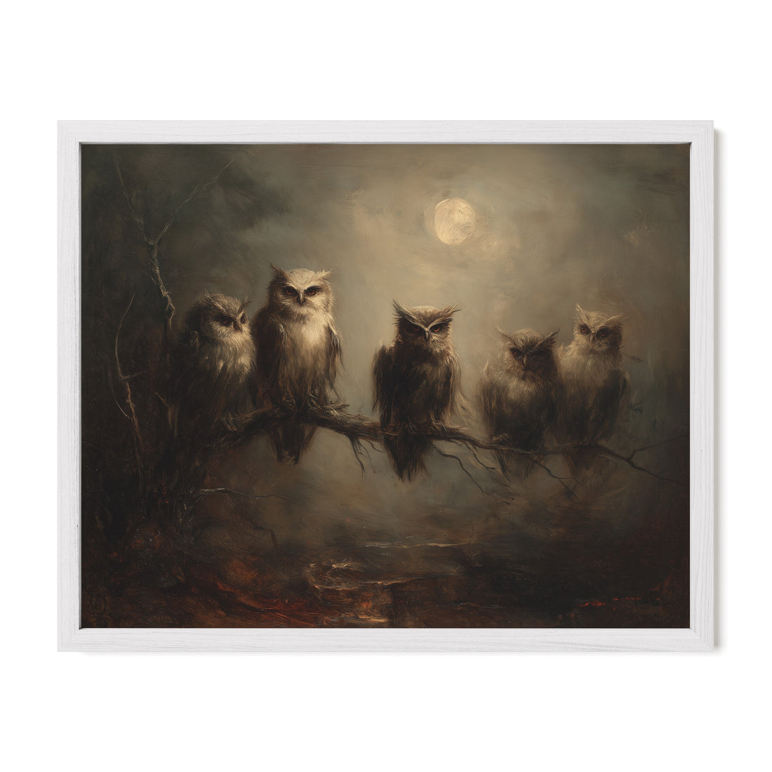 Owls on Branch in Moonlight