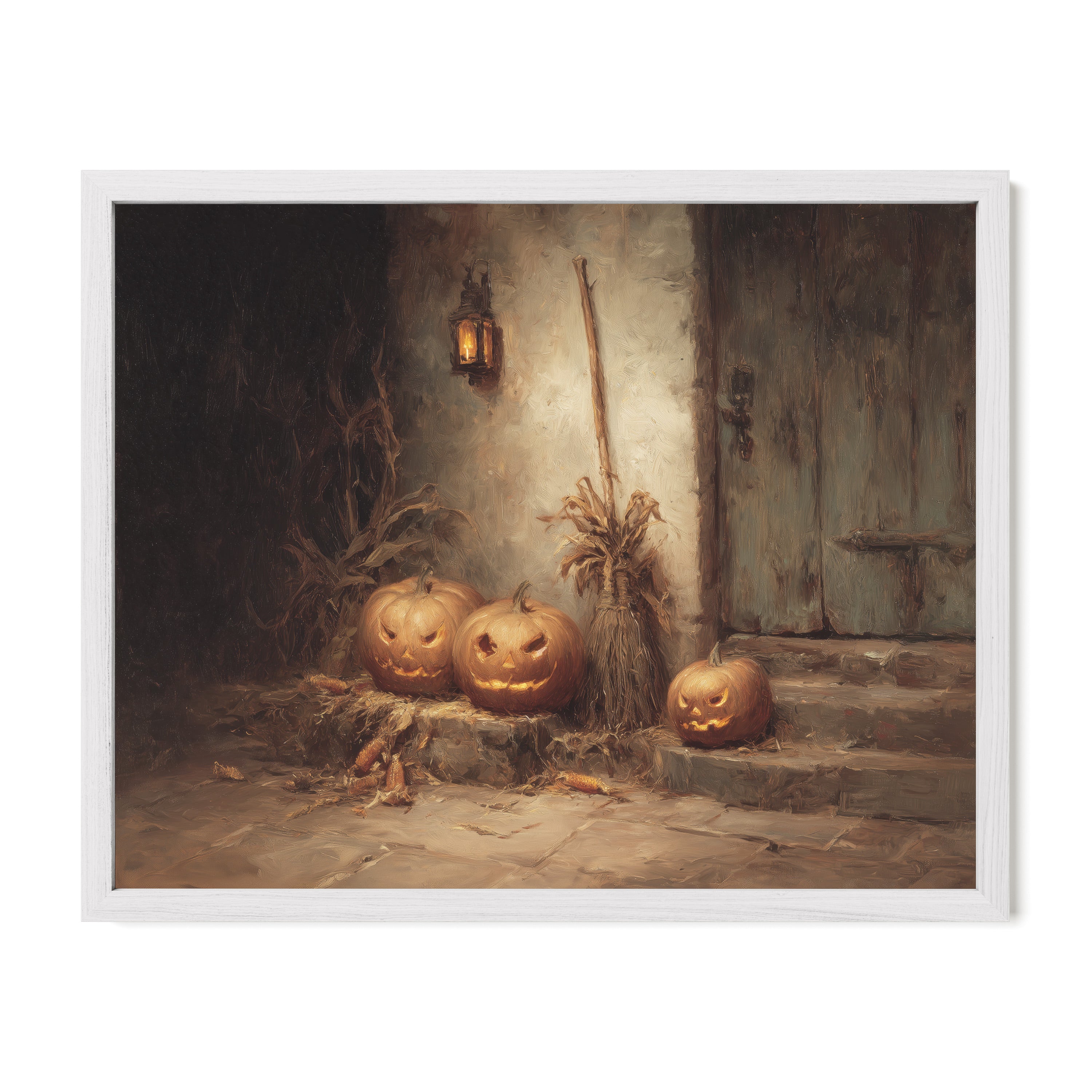 Pumpkins by the Door at Night