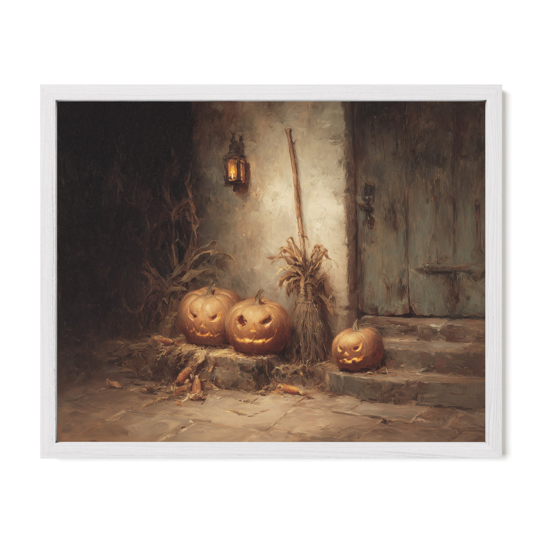 Pumpkins by the Door at Night