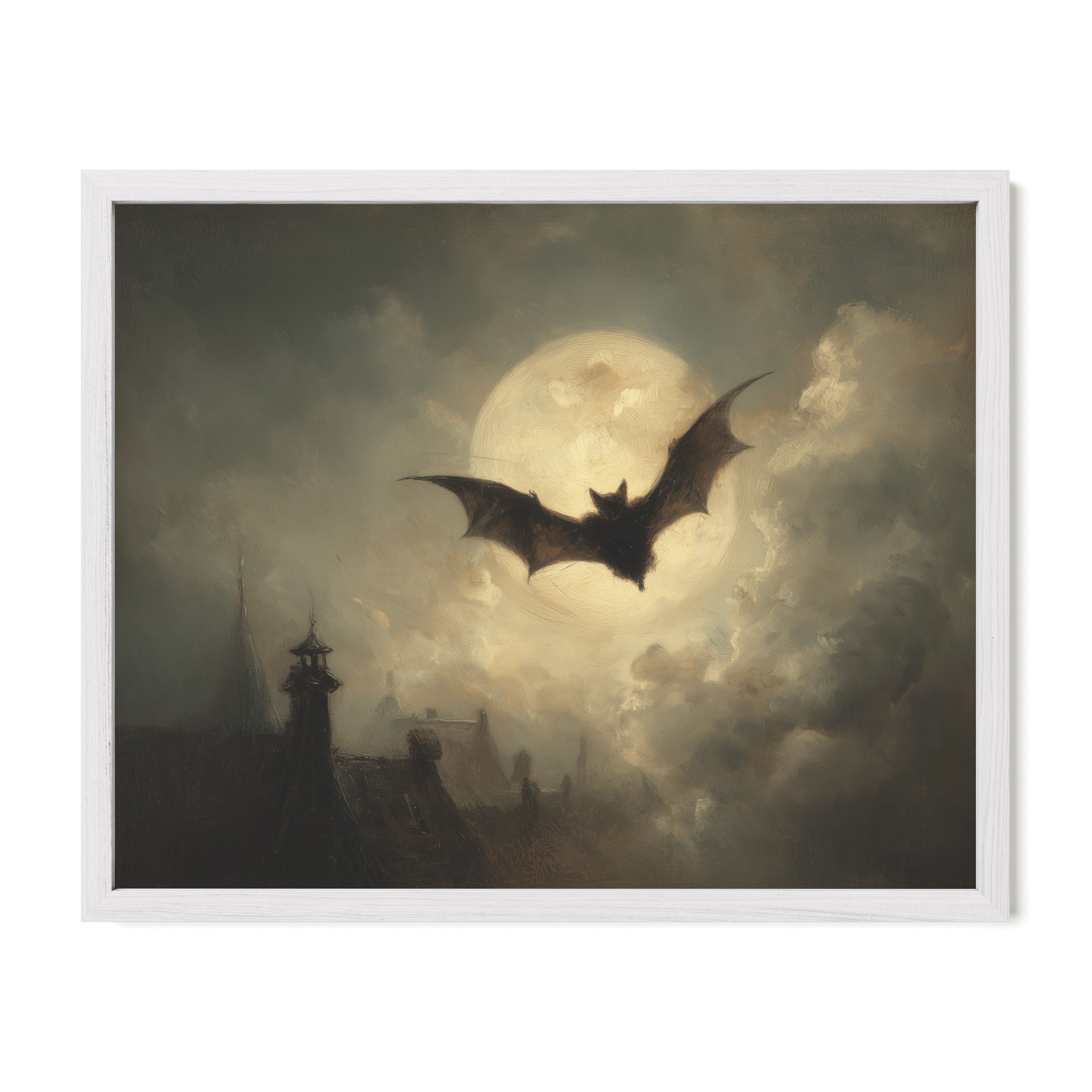 Bat in Moonlight Over Rooftops