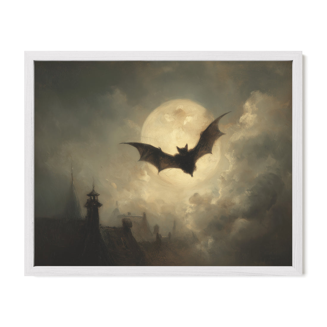 Bat in Moonlight Over Rooftops