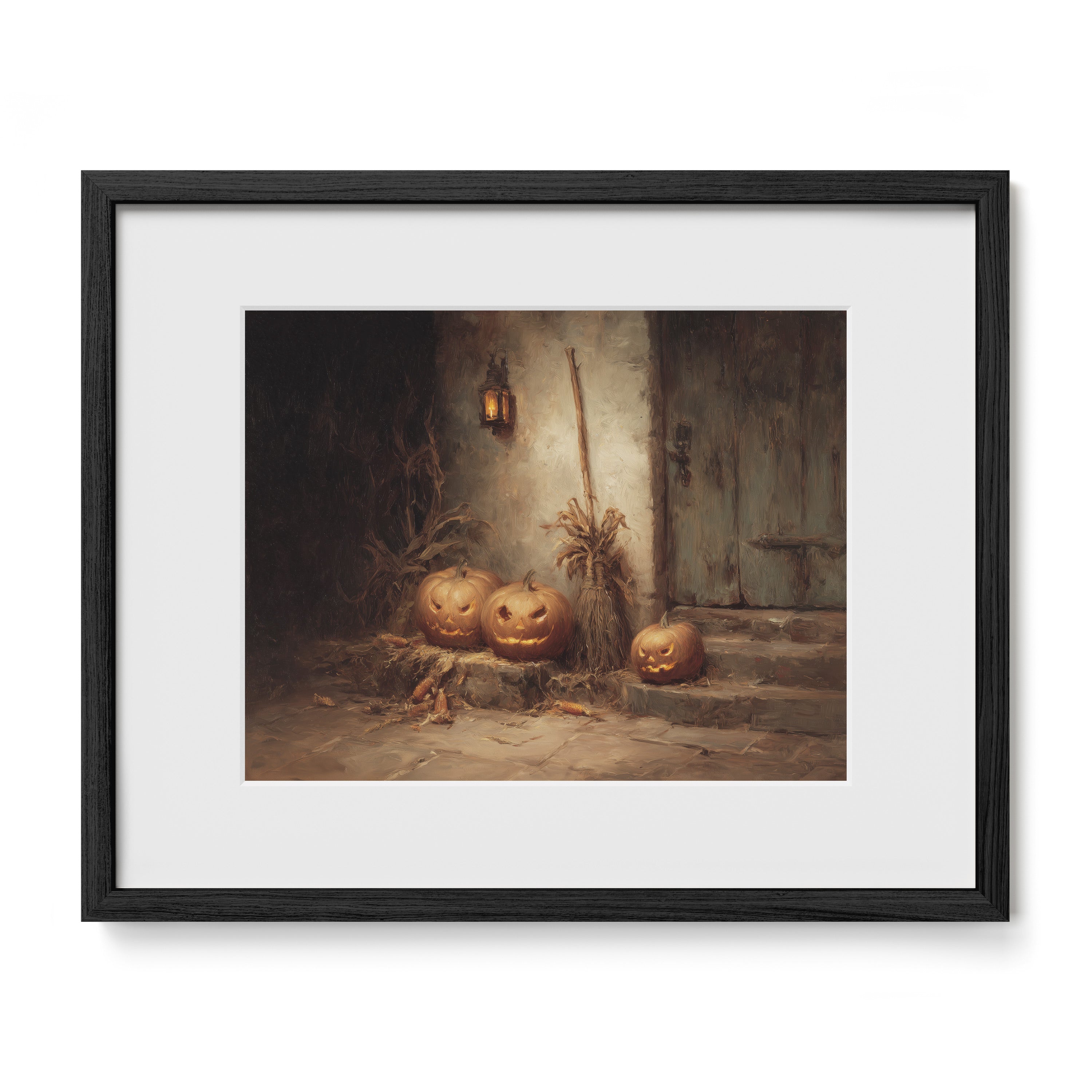 Pumpkins by the Door at Night