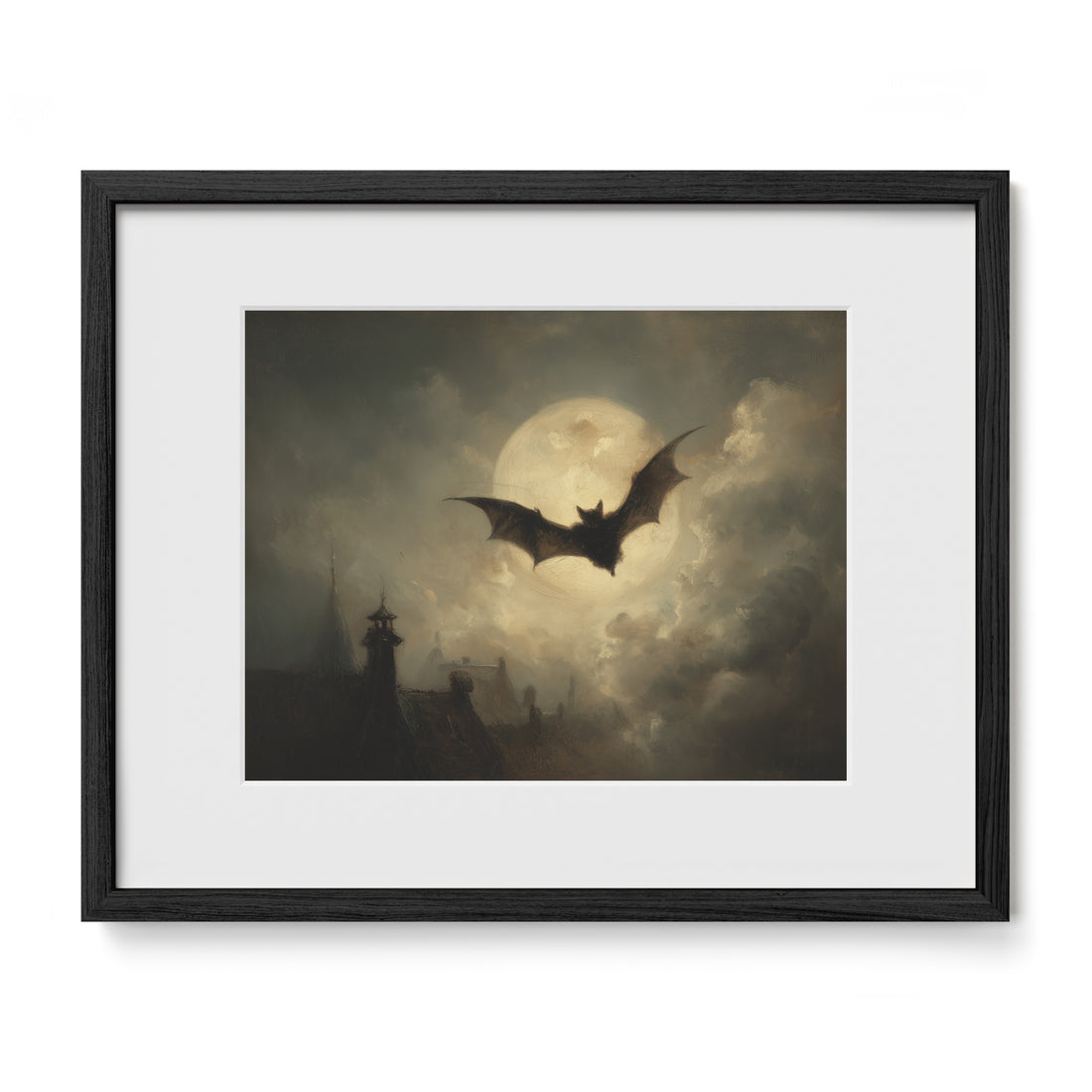 Bat in Moonlight Over Rooftops