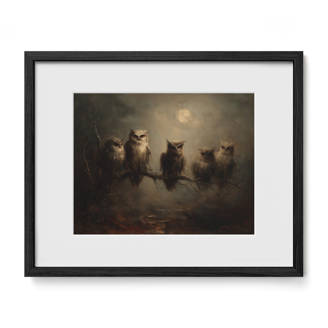 Owls on Branch in Moonlight