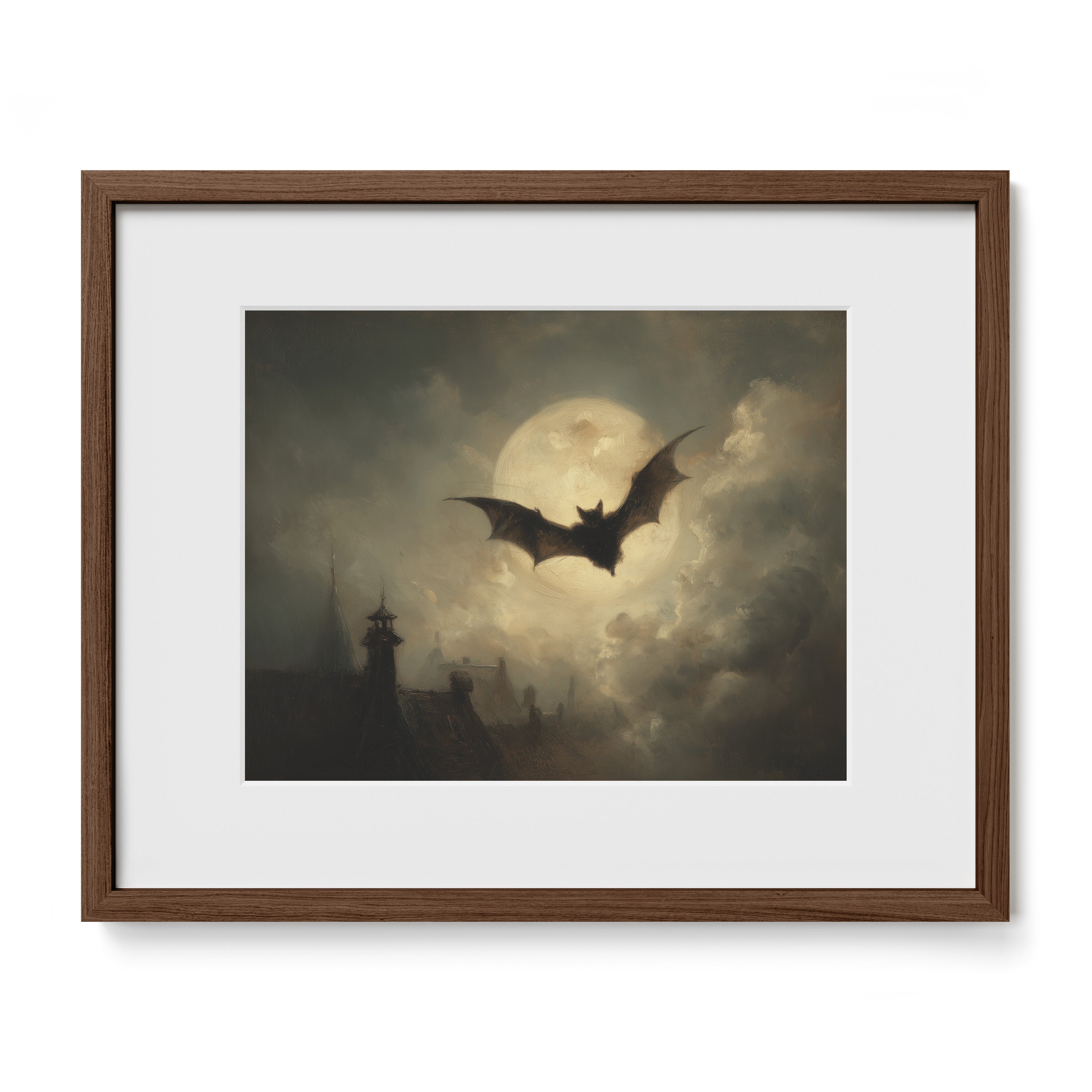Bat in Moonlight Over Rooftops
