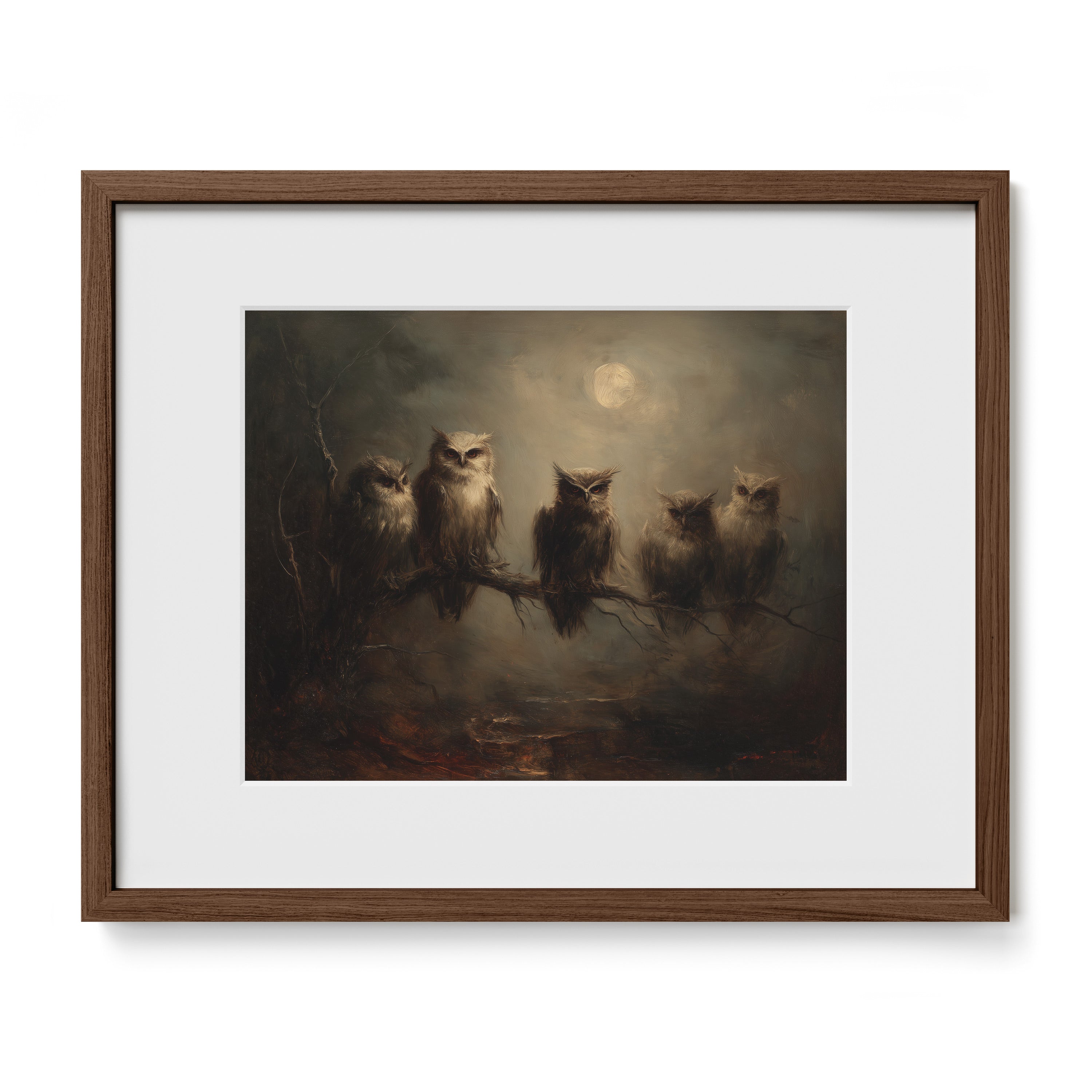 Owls on Branch in Moonlight