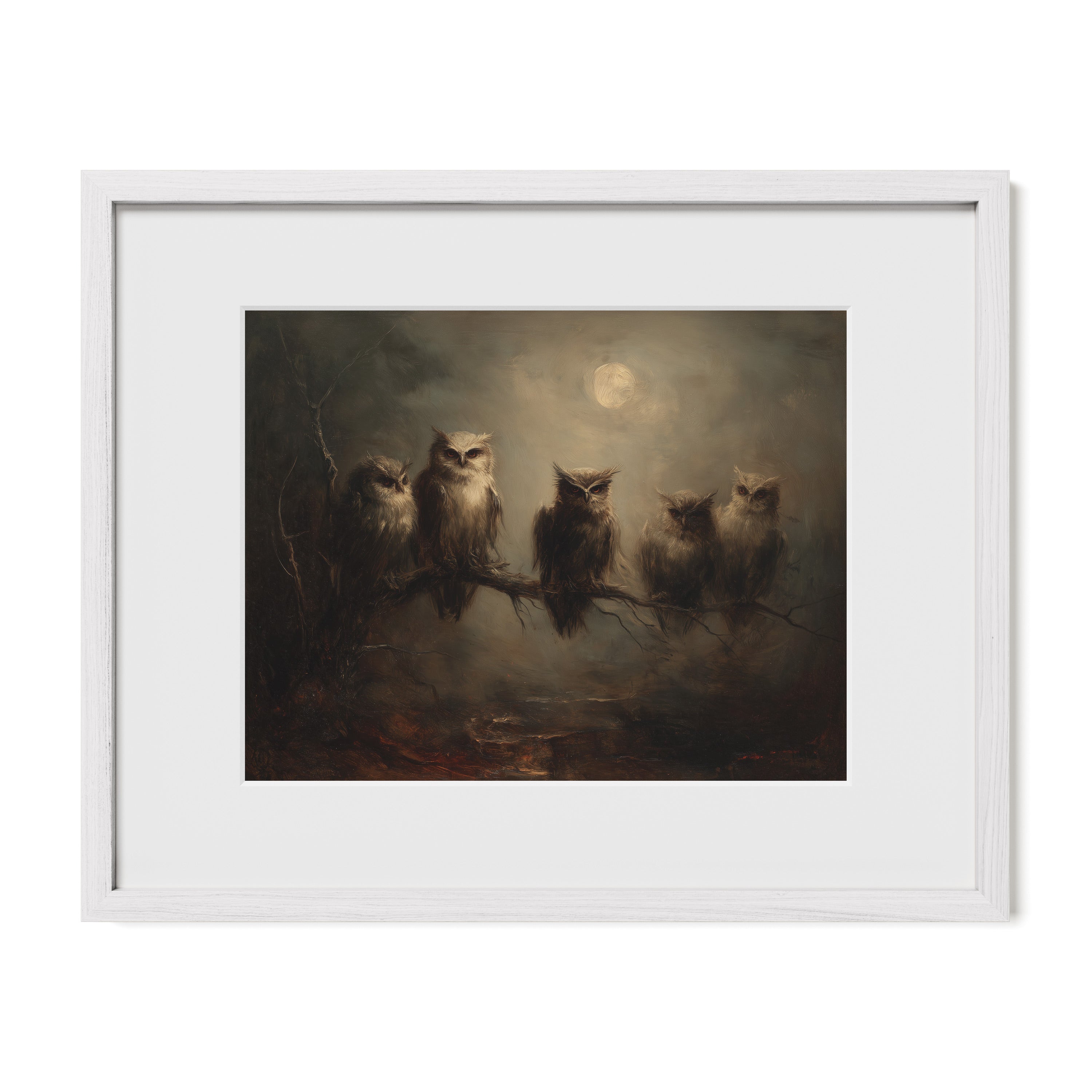 Owls on Branch in Moonlight