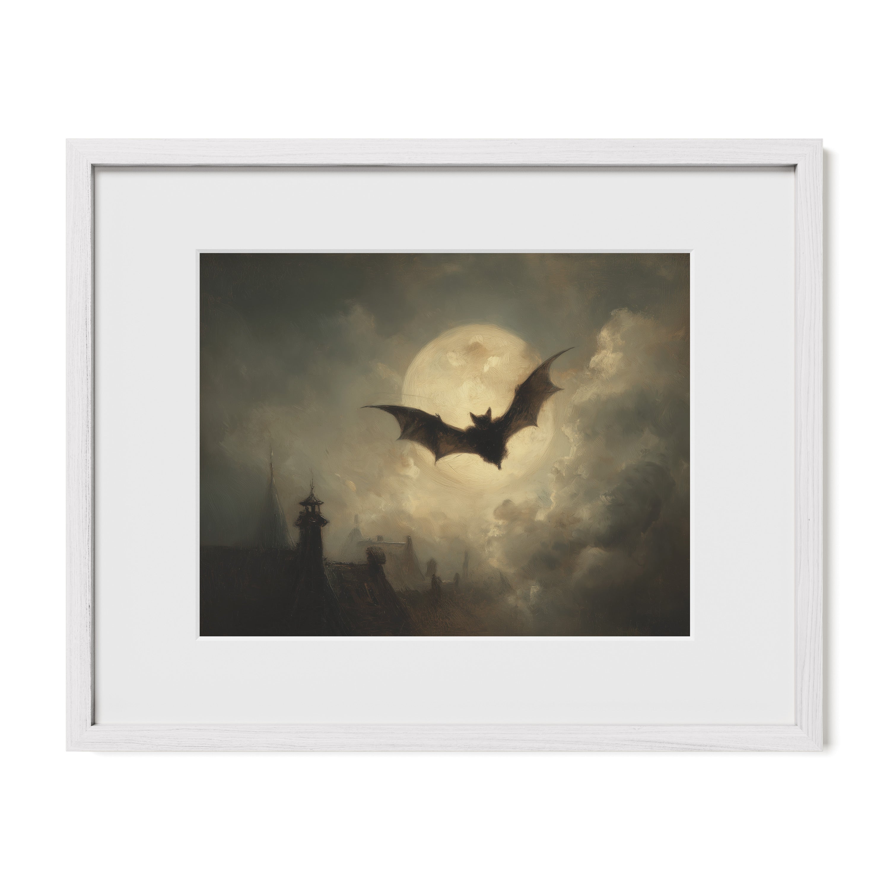 Bat in Moonlight Over Rooftops