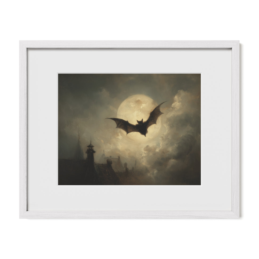 Bat in Moonlight Over Rooftops