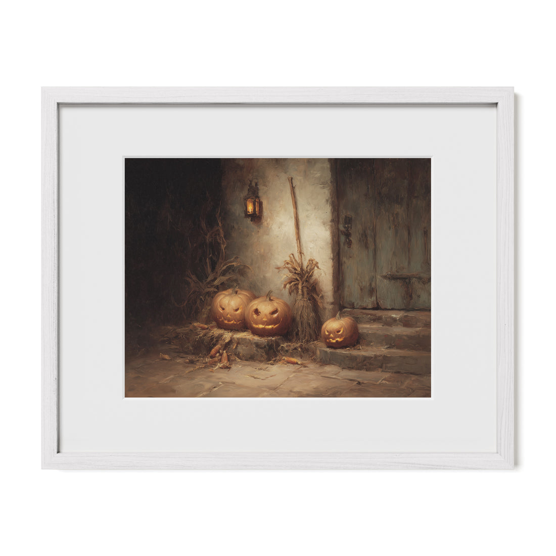 Pumpkins by the Door at Night