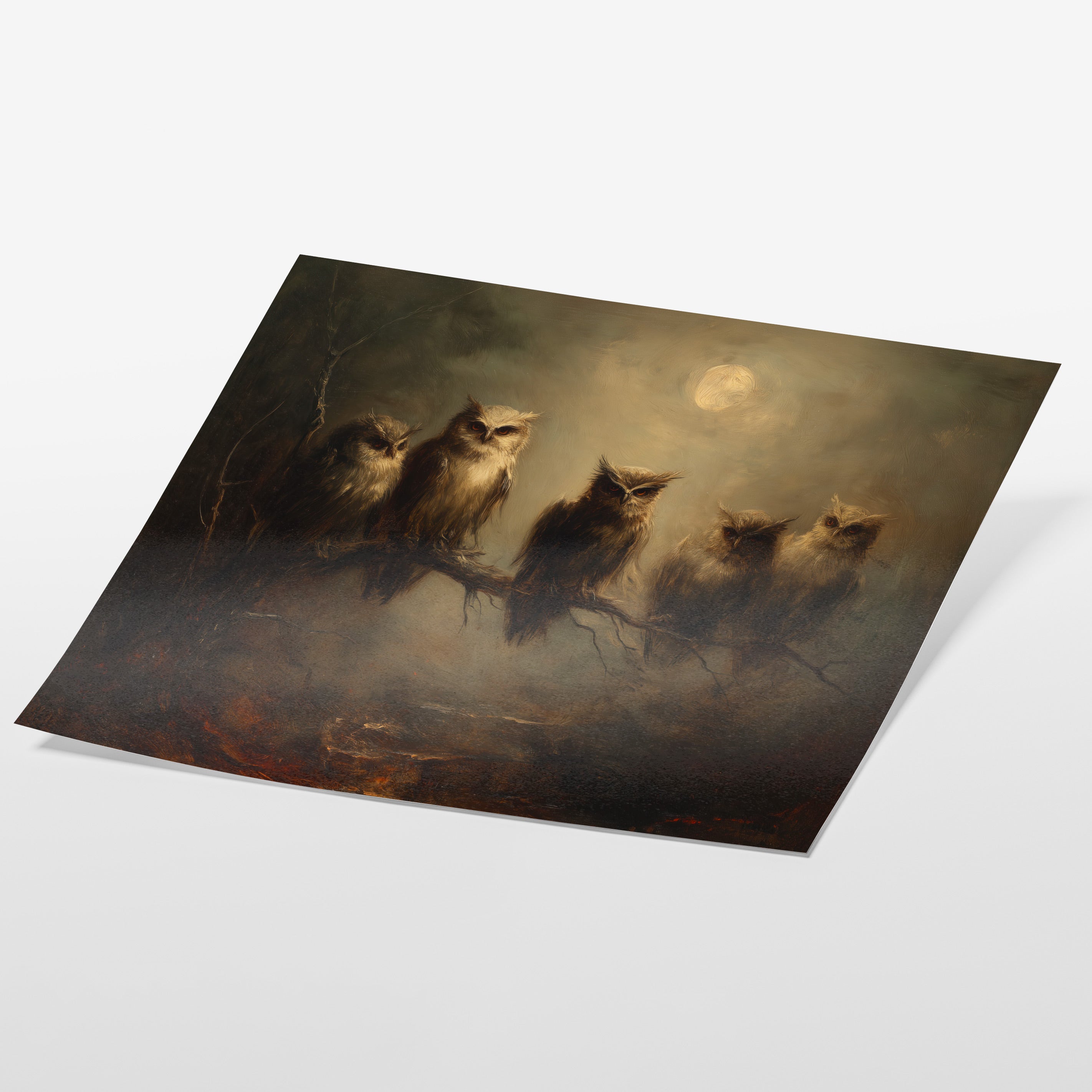 Owls on Branch in Moonlight