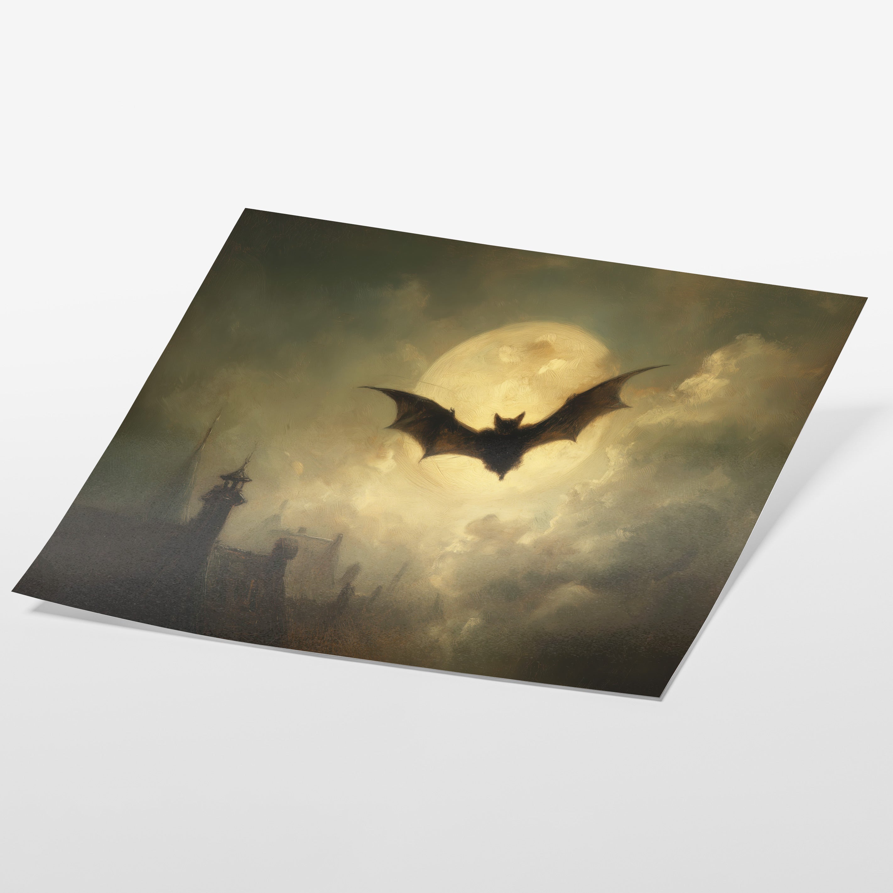 Bat in Moonlight Over Rooftops