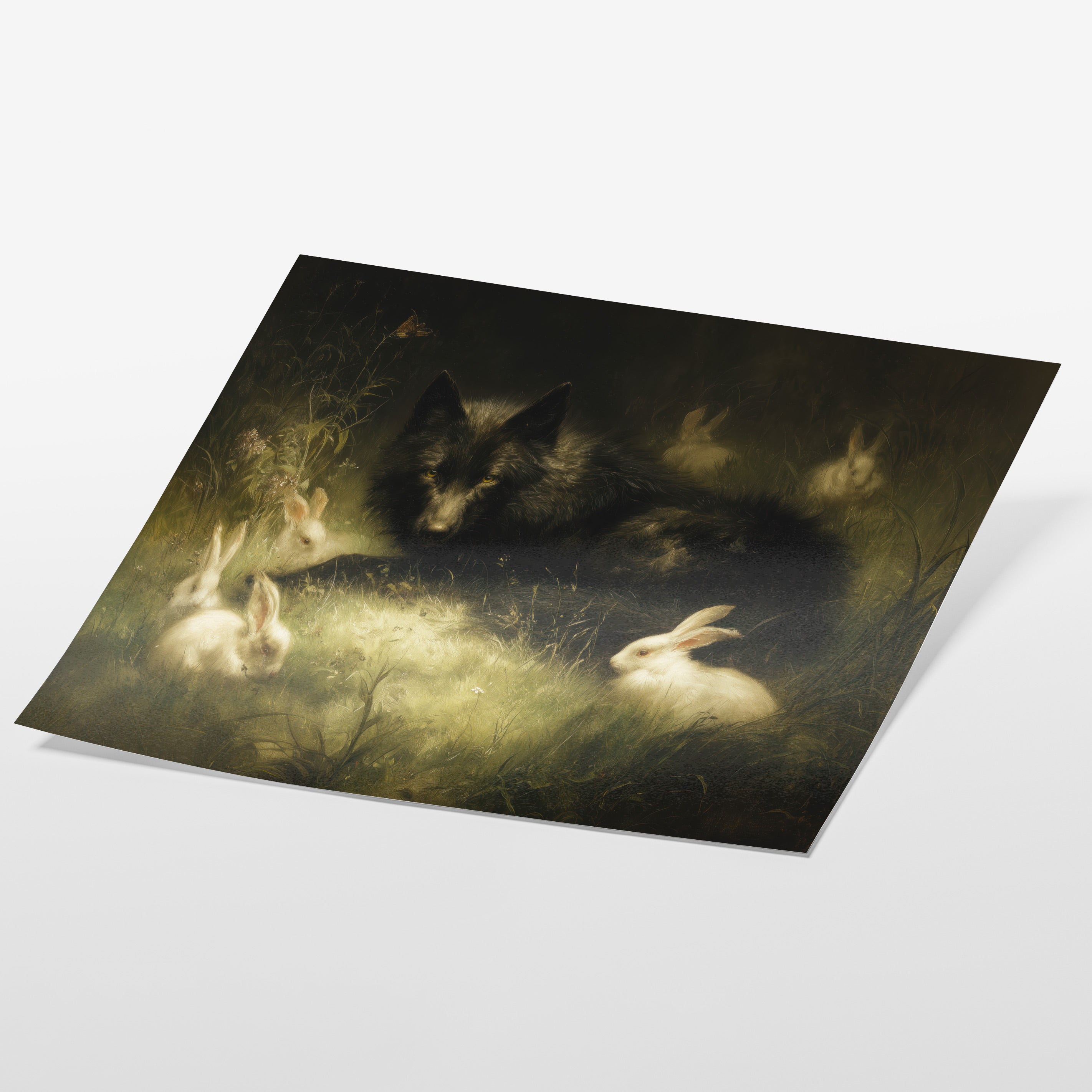 Wolf And Rabbits Under Moonlight