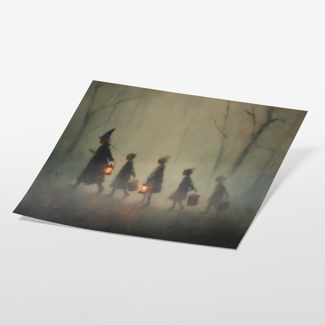 Silhouette of people with lanterns walking through a forest on a dark background