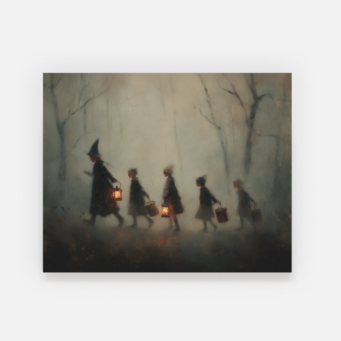 Painting of children with lanterns walking through a foggy forest