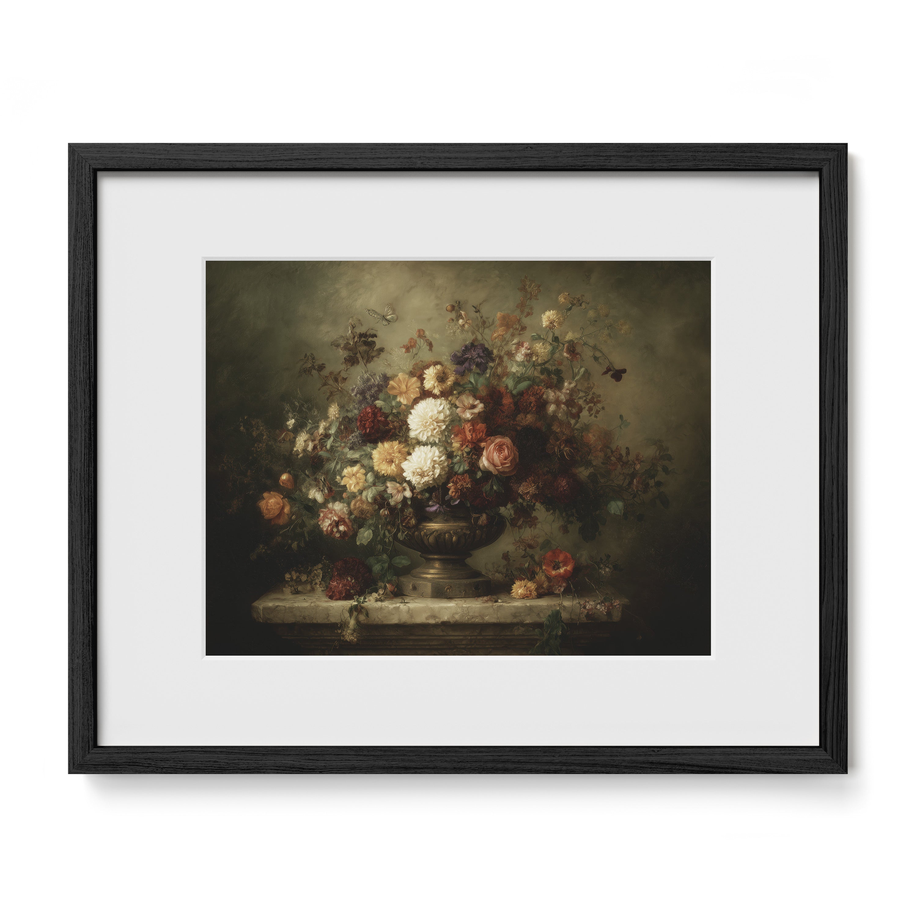black framed floral centerpiece wall art print with mat