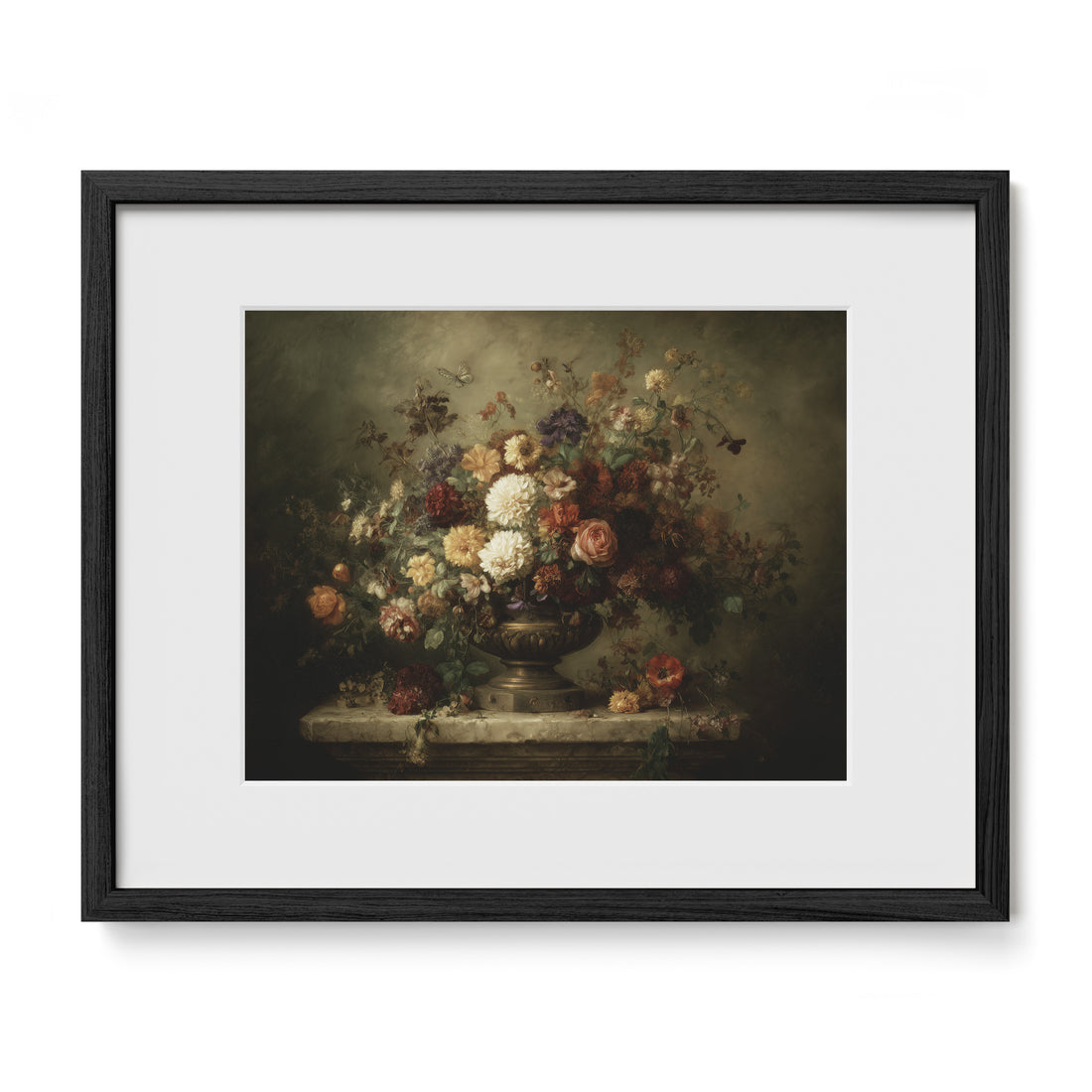 black framed floral centerpiece wall art print with mat