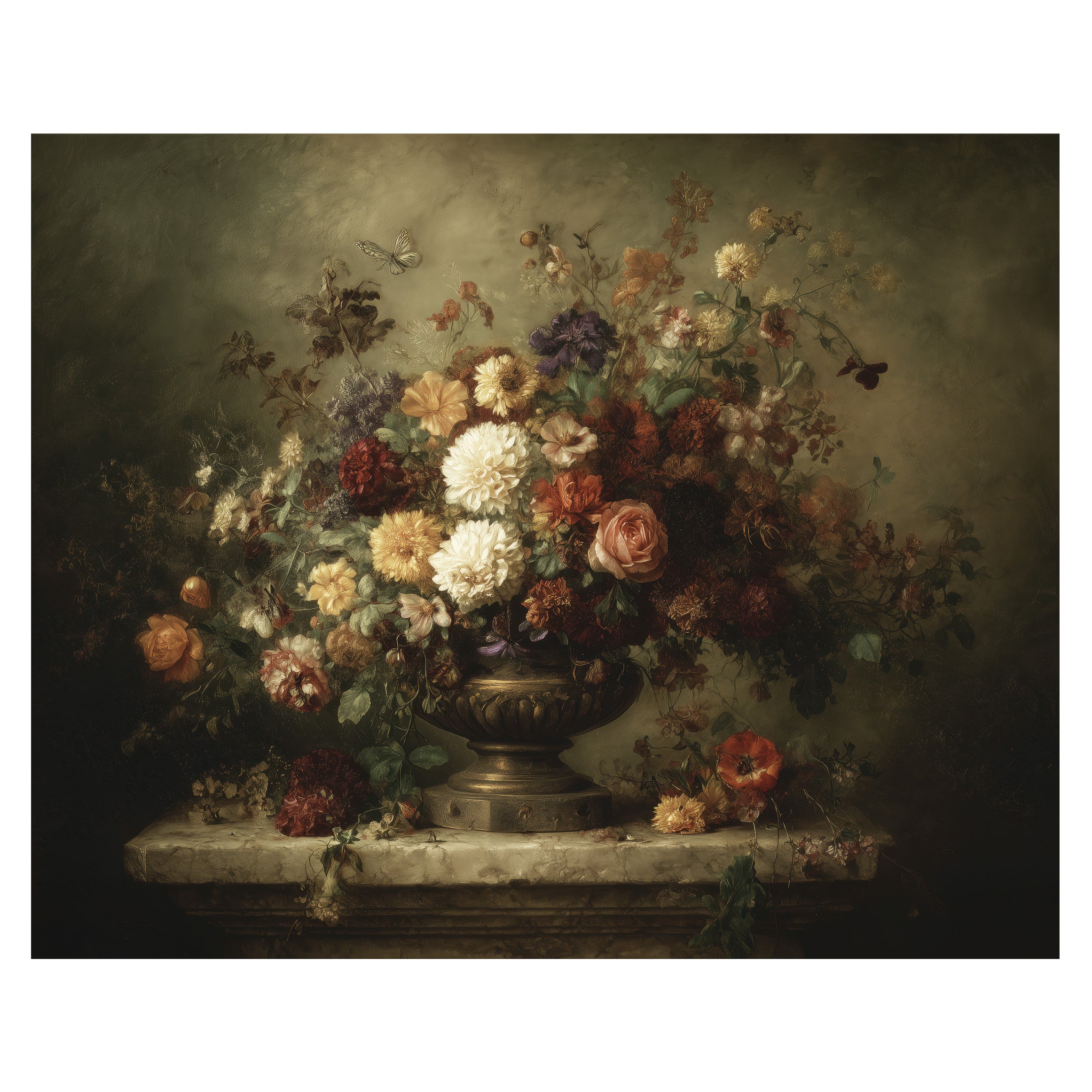 moody botanical still life wall art print with large floral centerpiece in dark vase