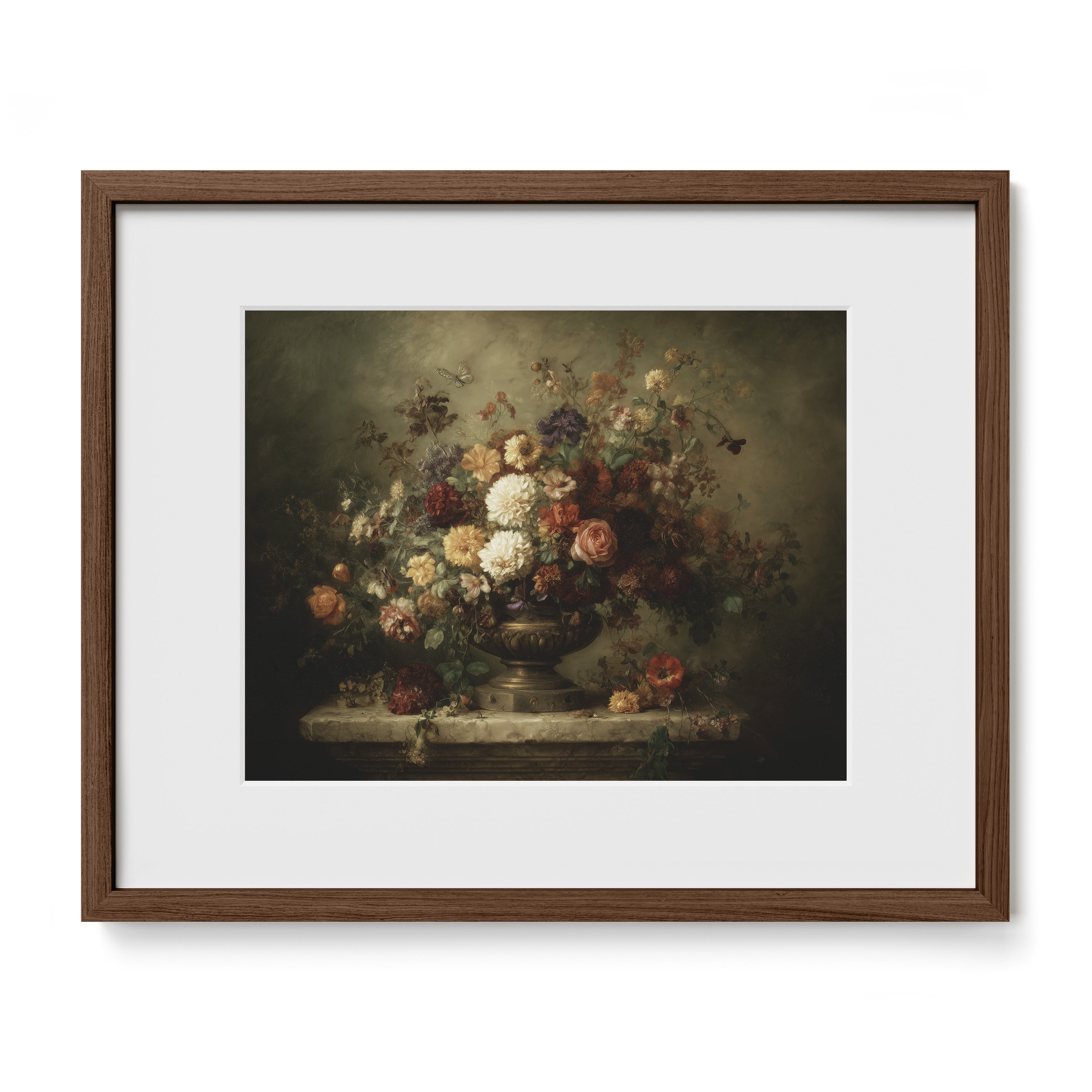 walnut framed dark floral wall art print with mat