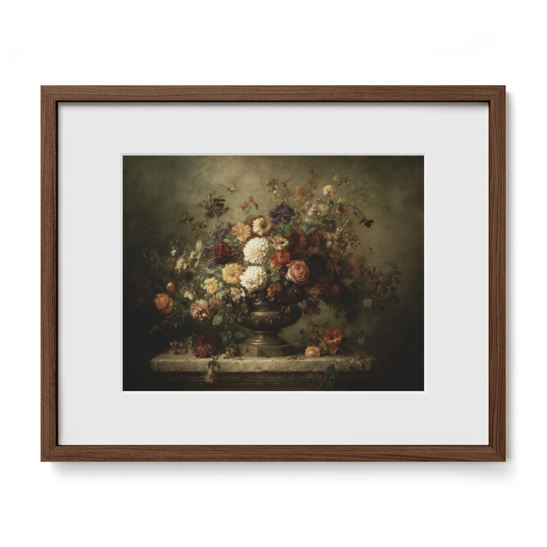 walnut framed dark floral wall art print with mat