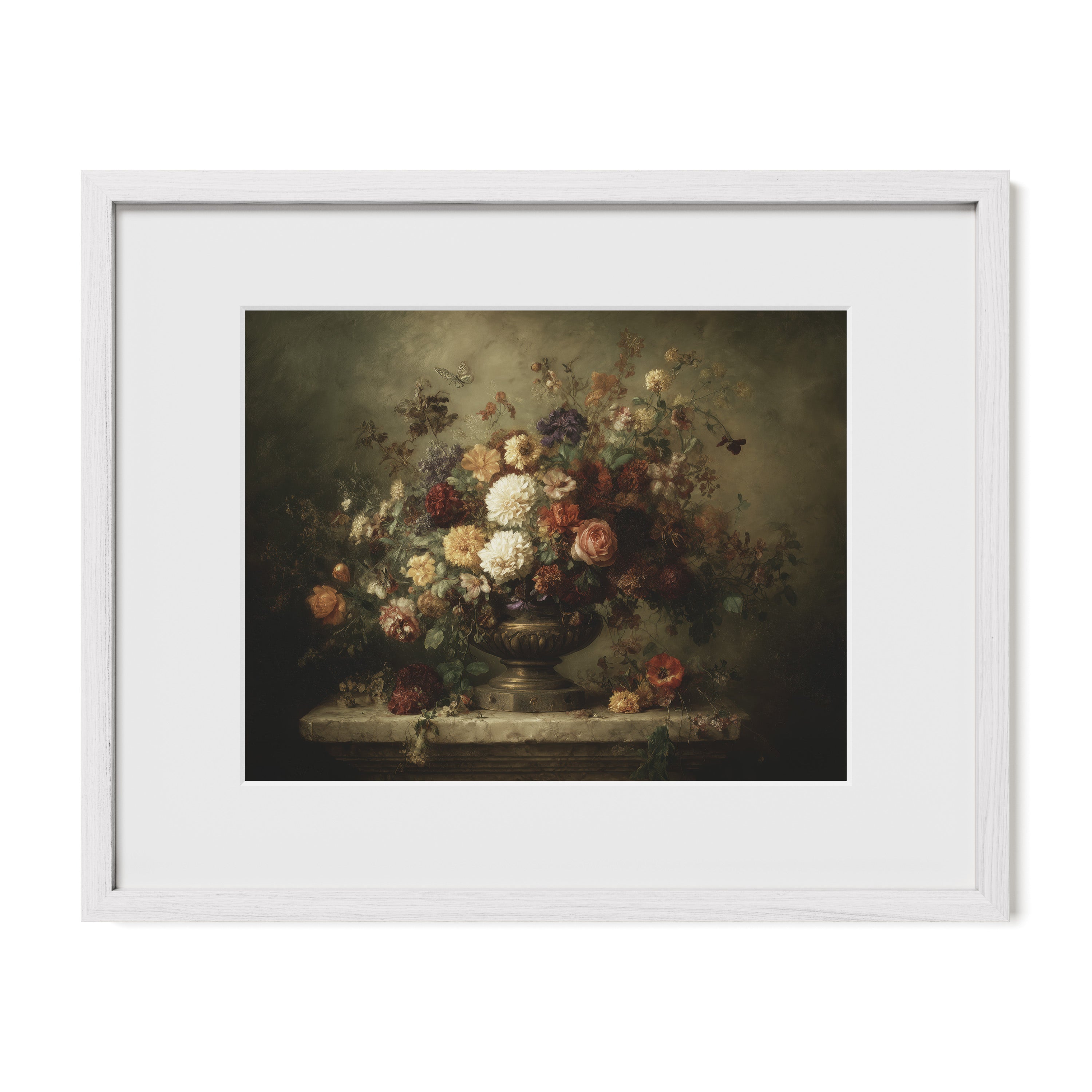 white framed botanical still life wall art print with mat
