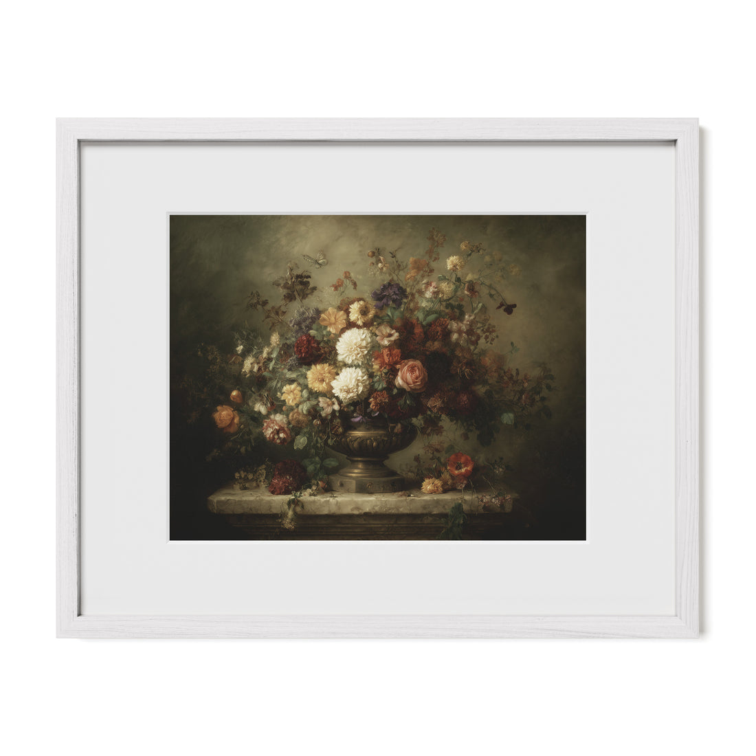 white framed botanical still life wall art print with mat