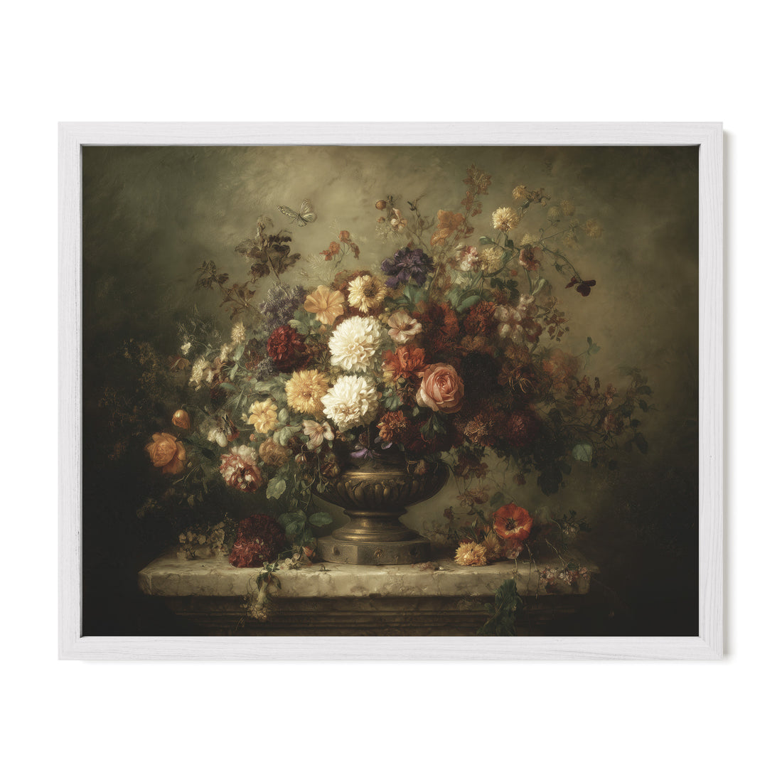 white framed moody floral wall art print