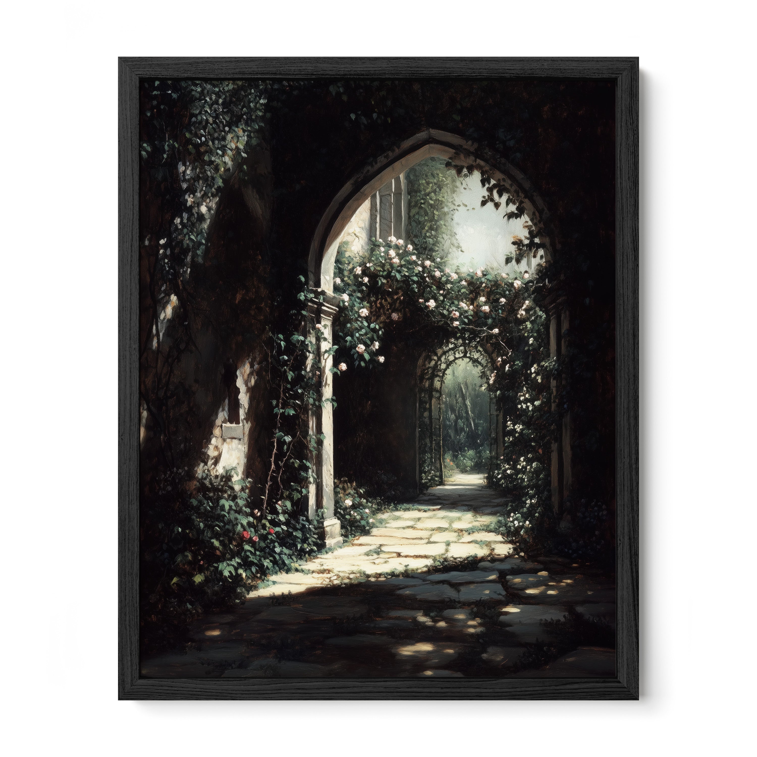 black framed enchanted garden archway wall art print