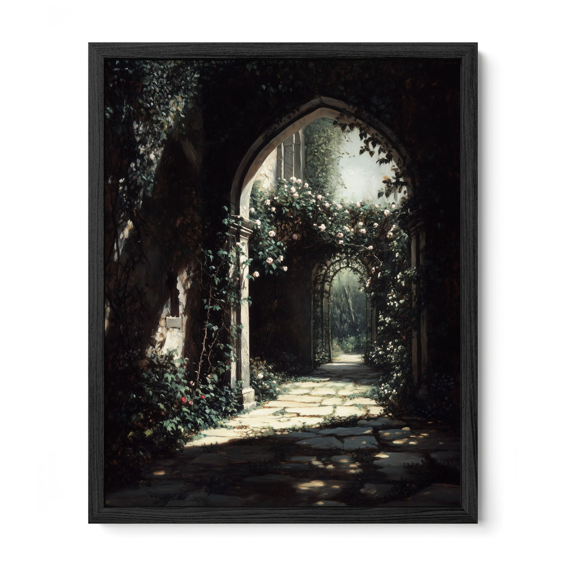 black framed enchanted garden archway wall art print