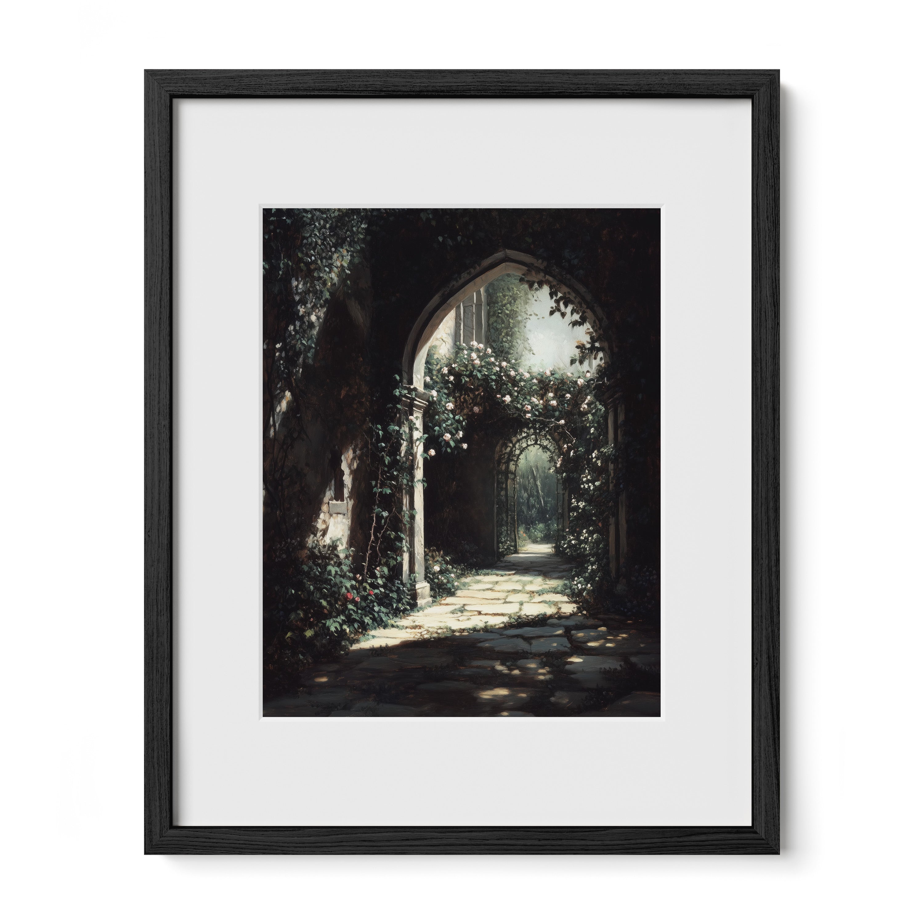 black framed romantic garden archway wall art print with white mat