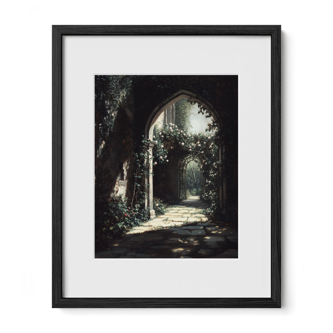 black framed romantic garden archway wall art print with white mat