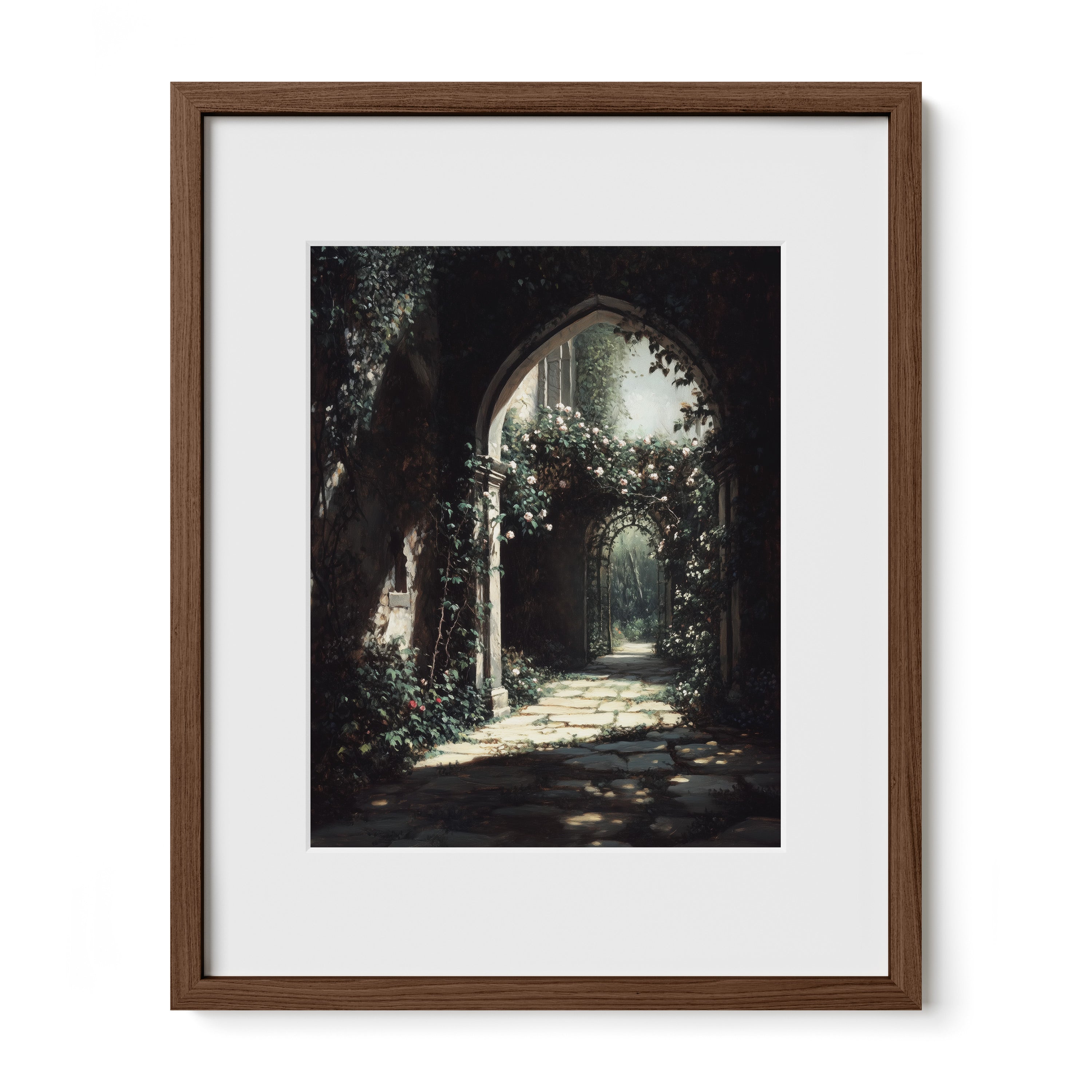 walnut framed romantic garden archway wall art print with white mat