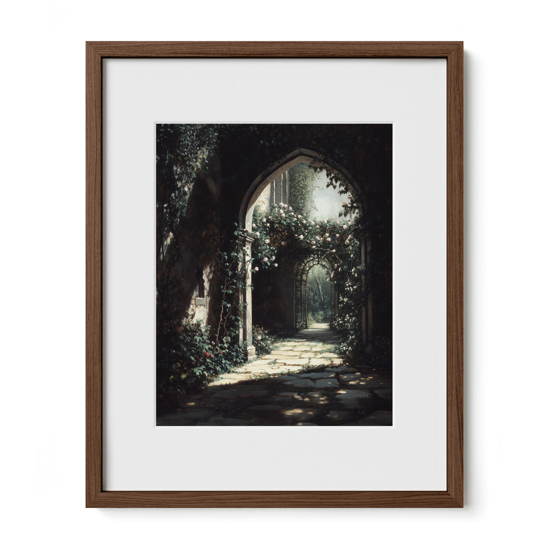 walnut framed romantic garden archway wall art print with white mat