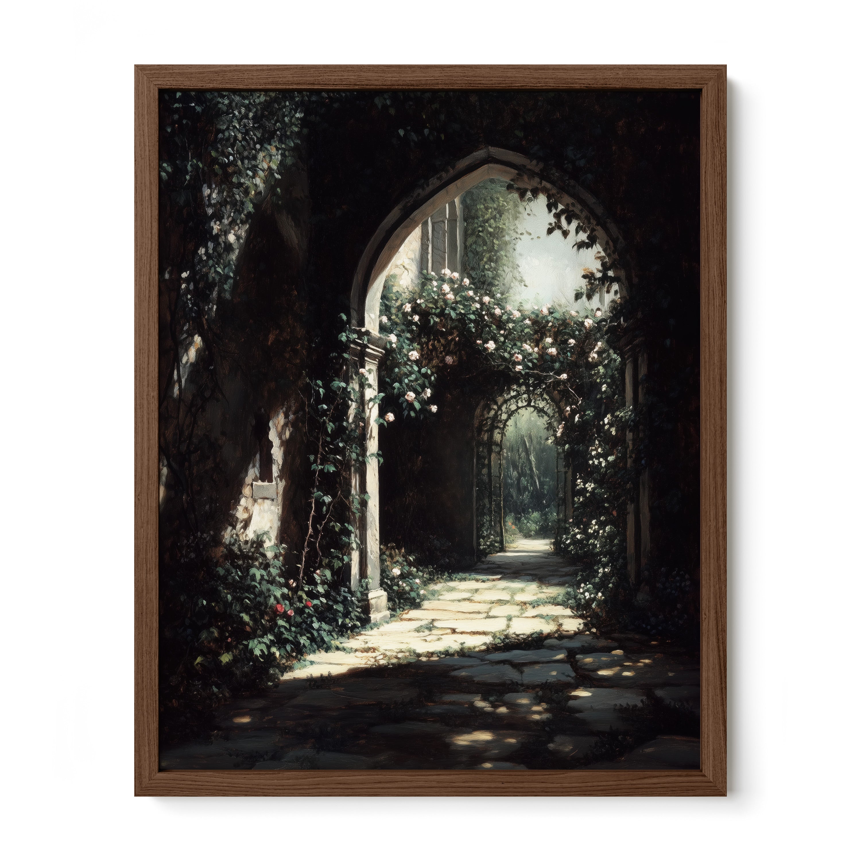walnut framed enchanted garden archway wall art print