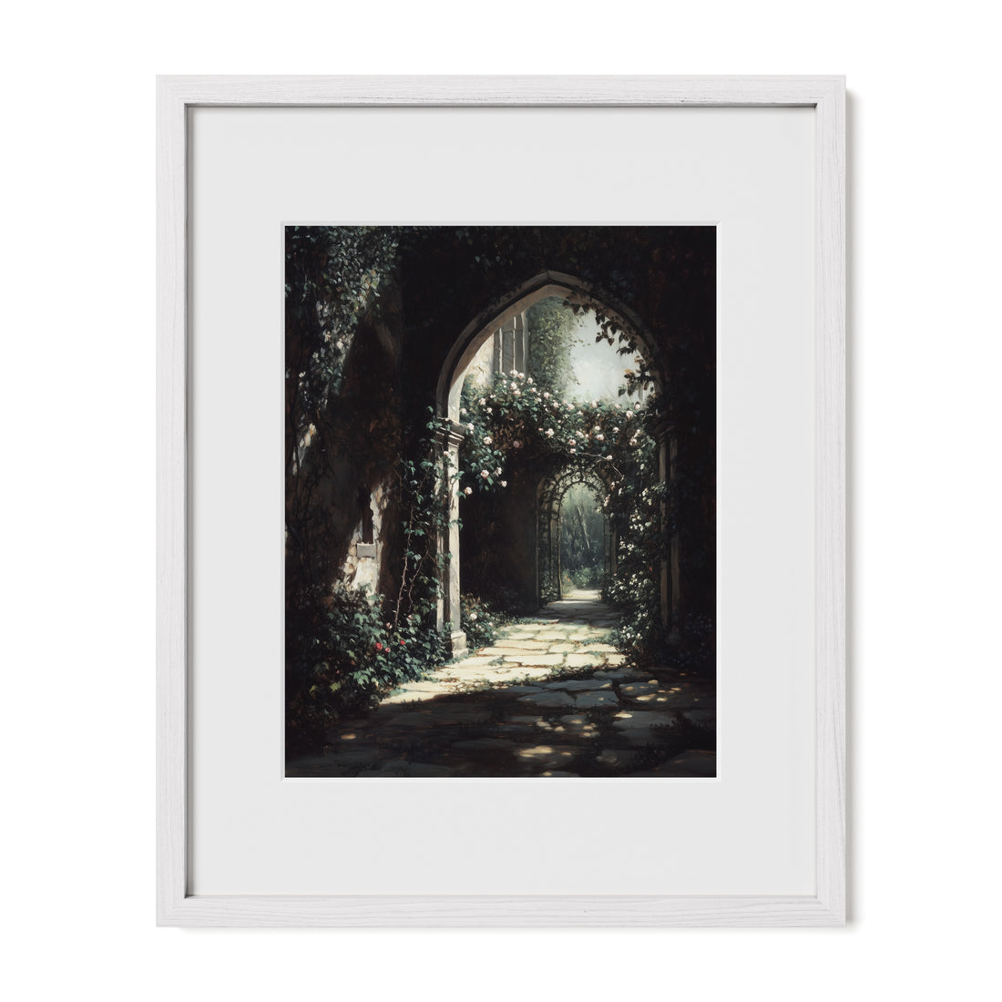 white framed enchanted garden archway wall art print with mat