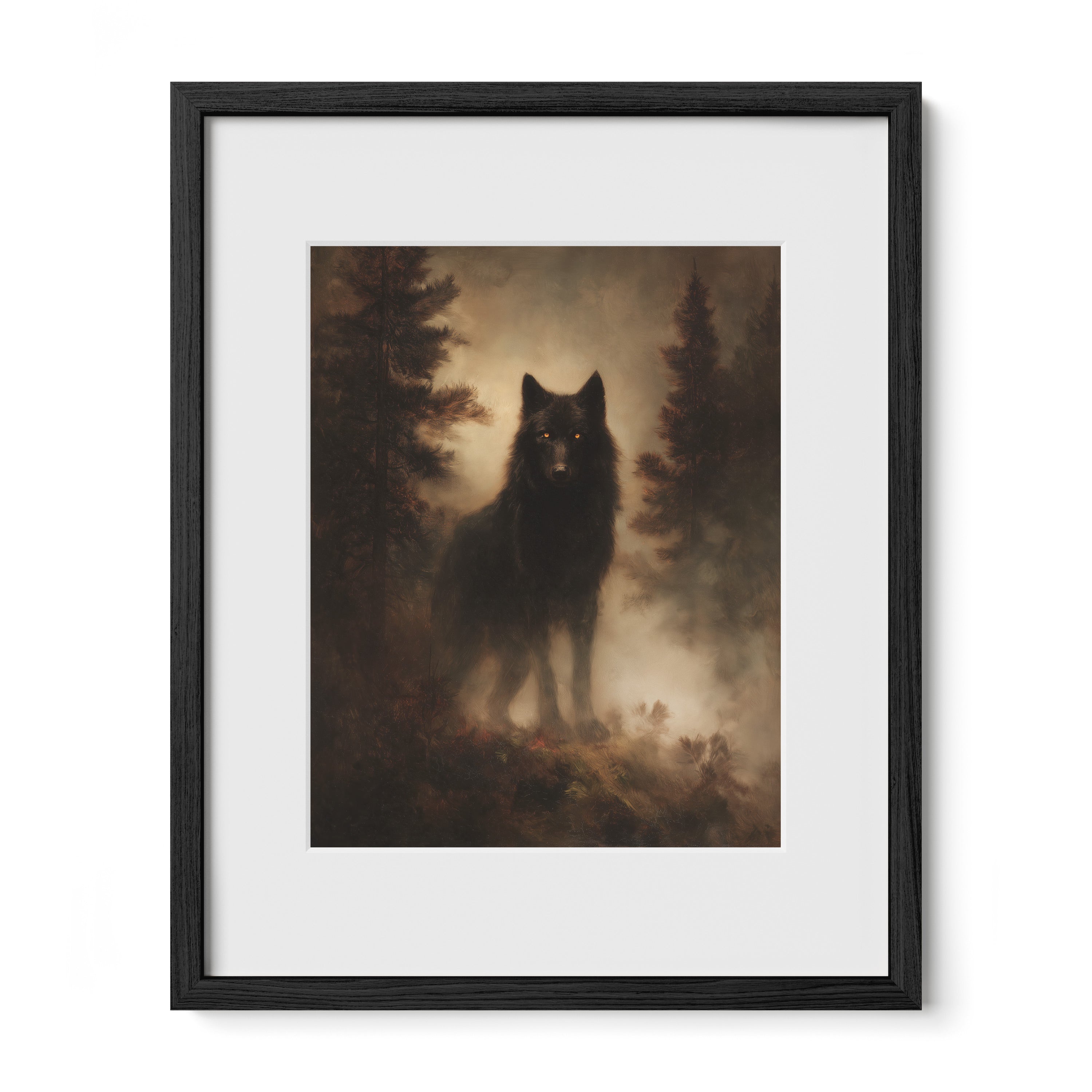 black framed woodland wildlife wall art print with mat