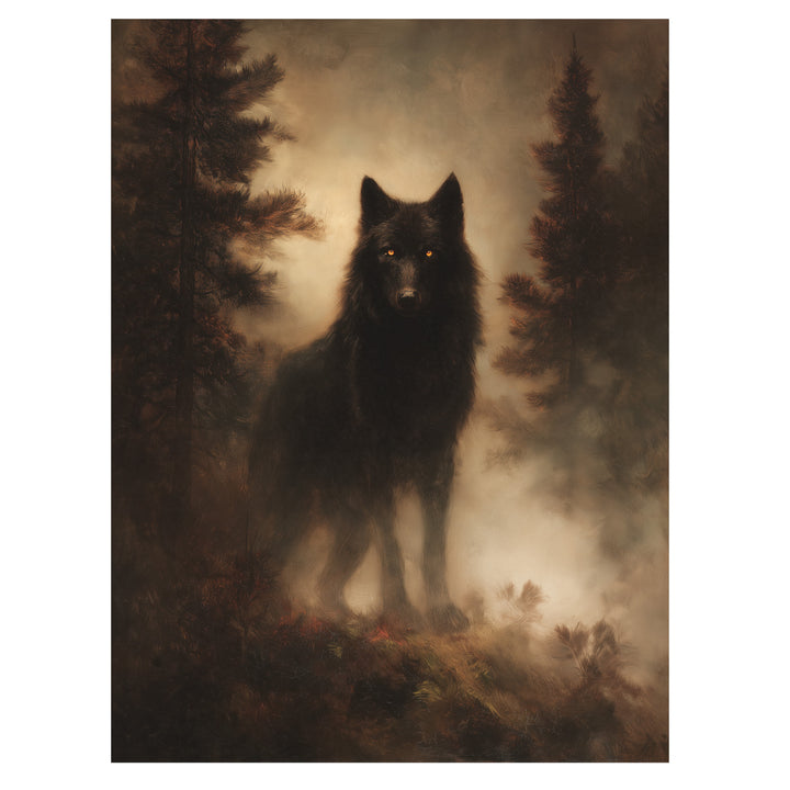 moody woodland wildlife wall art print with black wolf standing among pine trees